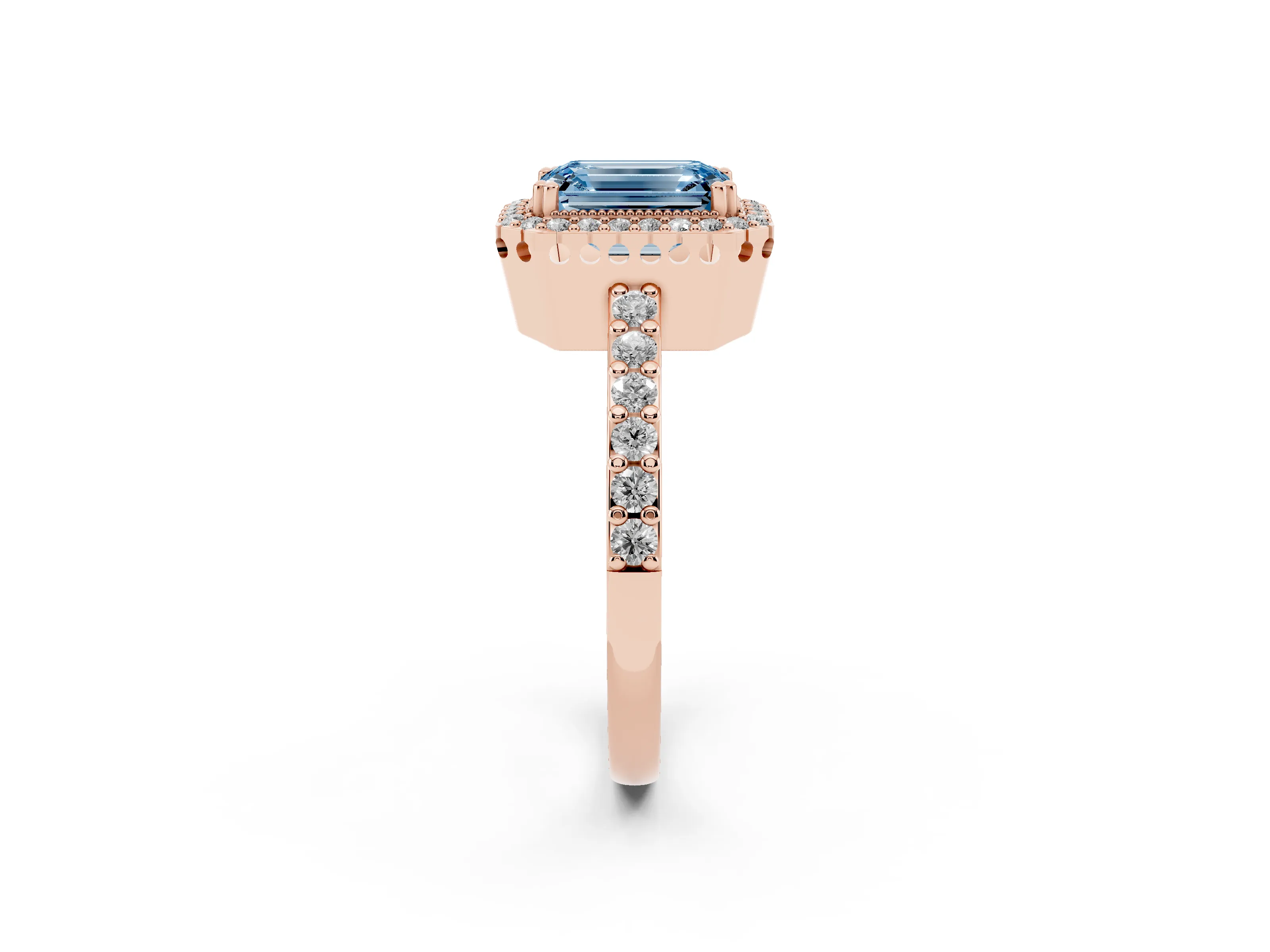 Fancy Blue Emerald Cut Diamond Halo Engagement Ring Set in Rose gold with Milgrain Detail and Pavé Band