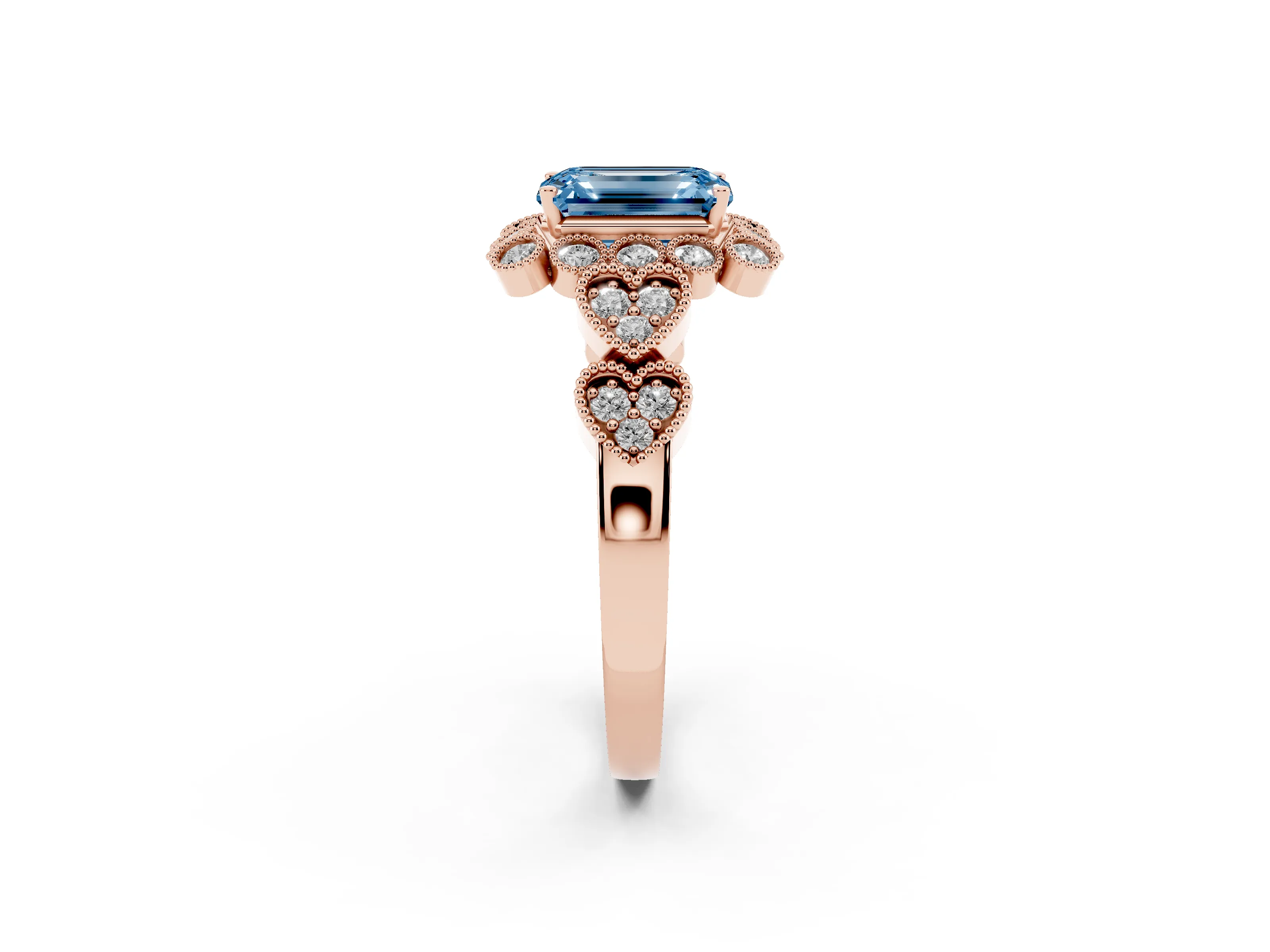 Fancy Blue Emerald Cut Diamond Solitaire Ring Set in Rose gold with Milgrain Pavé Heart Band