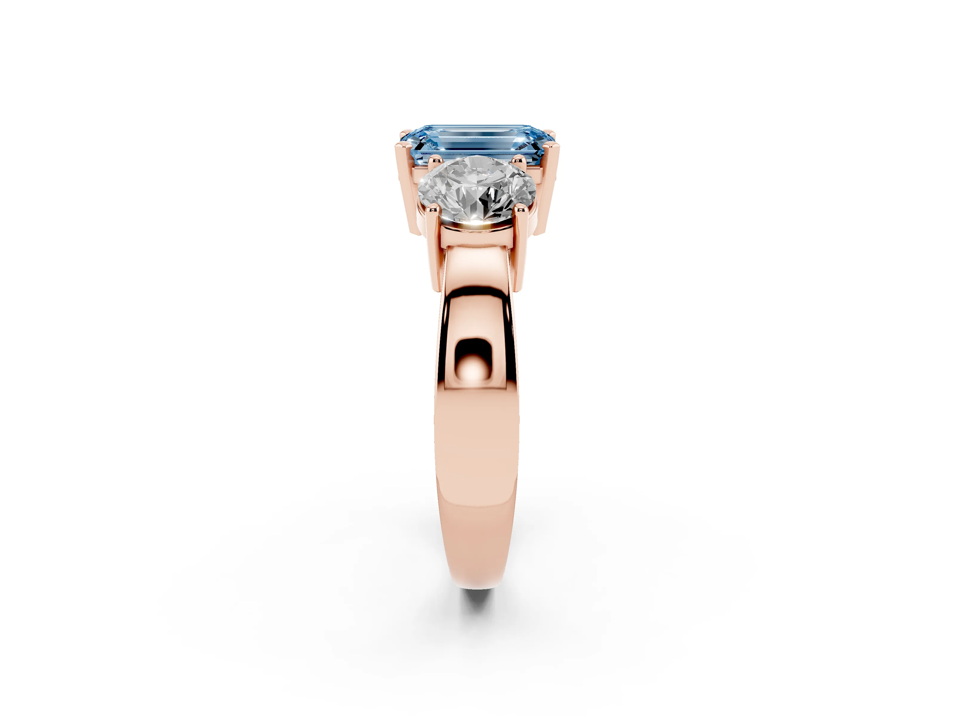 Fancy Blue Emerald Cut Diamond Three-Stone Ring Set in Rose gold with Round Side Stones and Classic Band