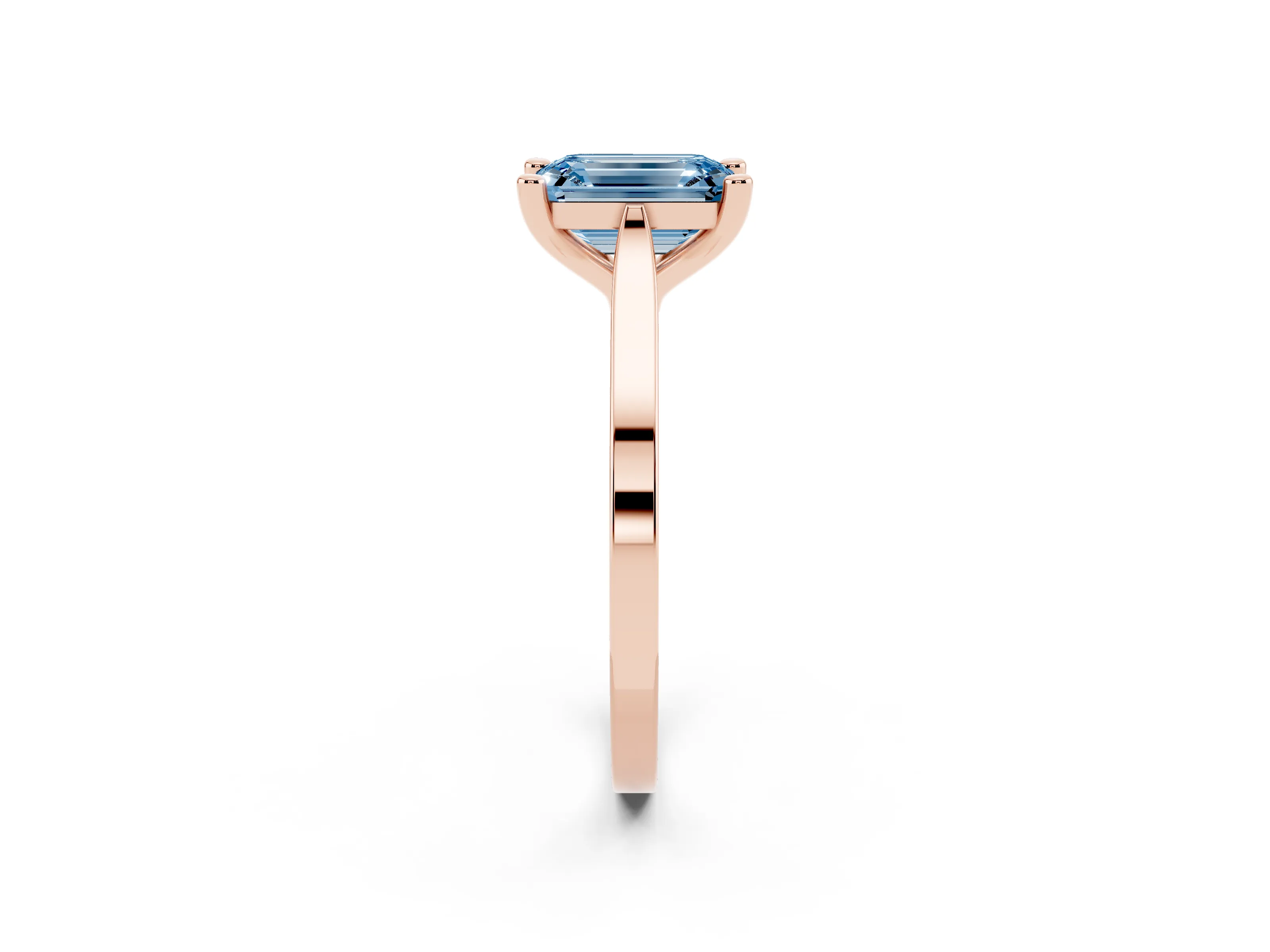 Fancy Blue Emerald Cut Diamond Solitaire Ring Set in Rose gold with Prong Setting and Tapered Band