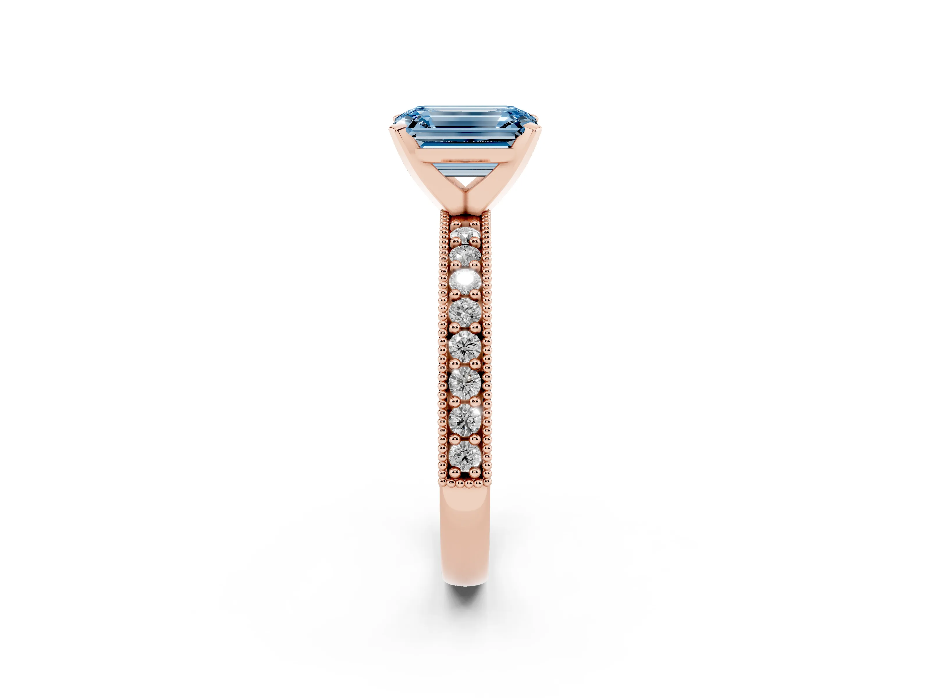 Fancy Blue Emerald Cut Diamond Milgrain Pavé Engagement Ring Set in Rose gold with Prong Setting