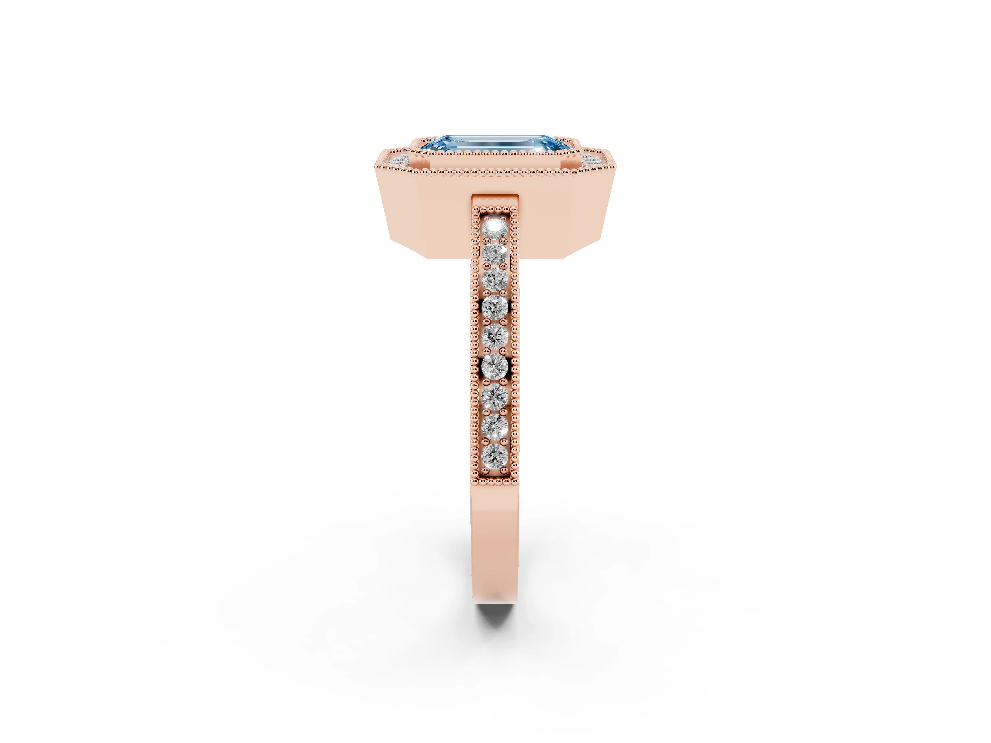 Fancy Blue Emerald Cut Diamond Halo Ring Set in Rose gold with Pavé Band and Milgrain-Edged Prongs
