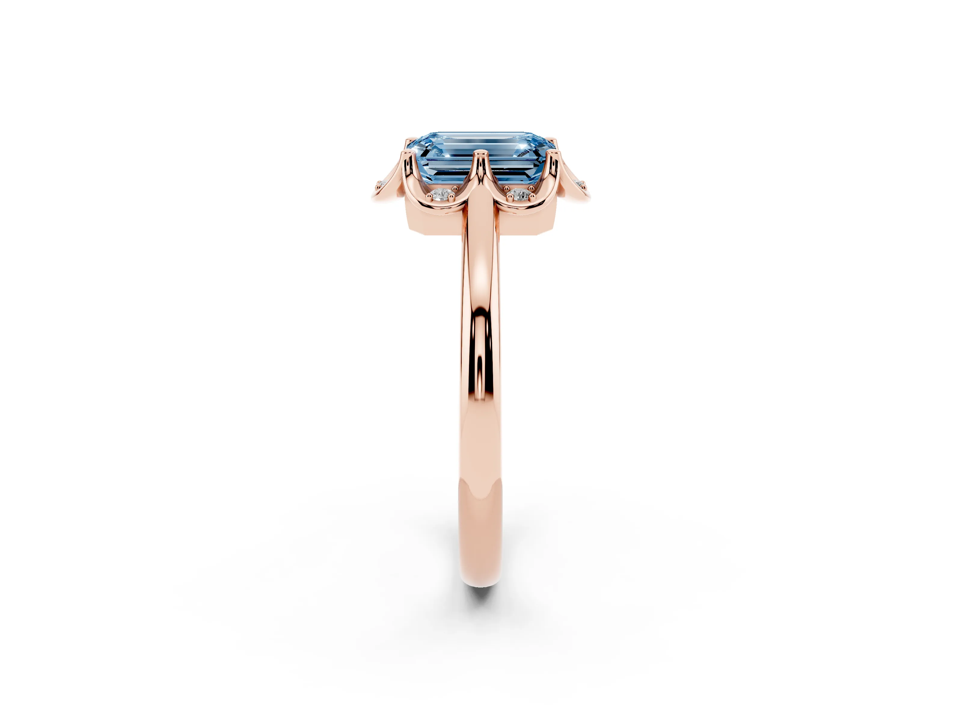 Fancy Blue Emerald Cut Diamond Round Cluster Halo Ring Set in Rose gold with Solitaire Band and Prong Setting