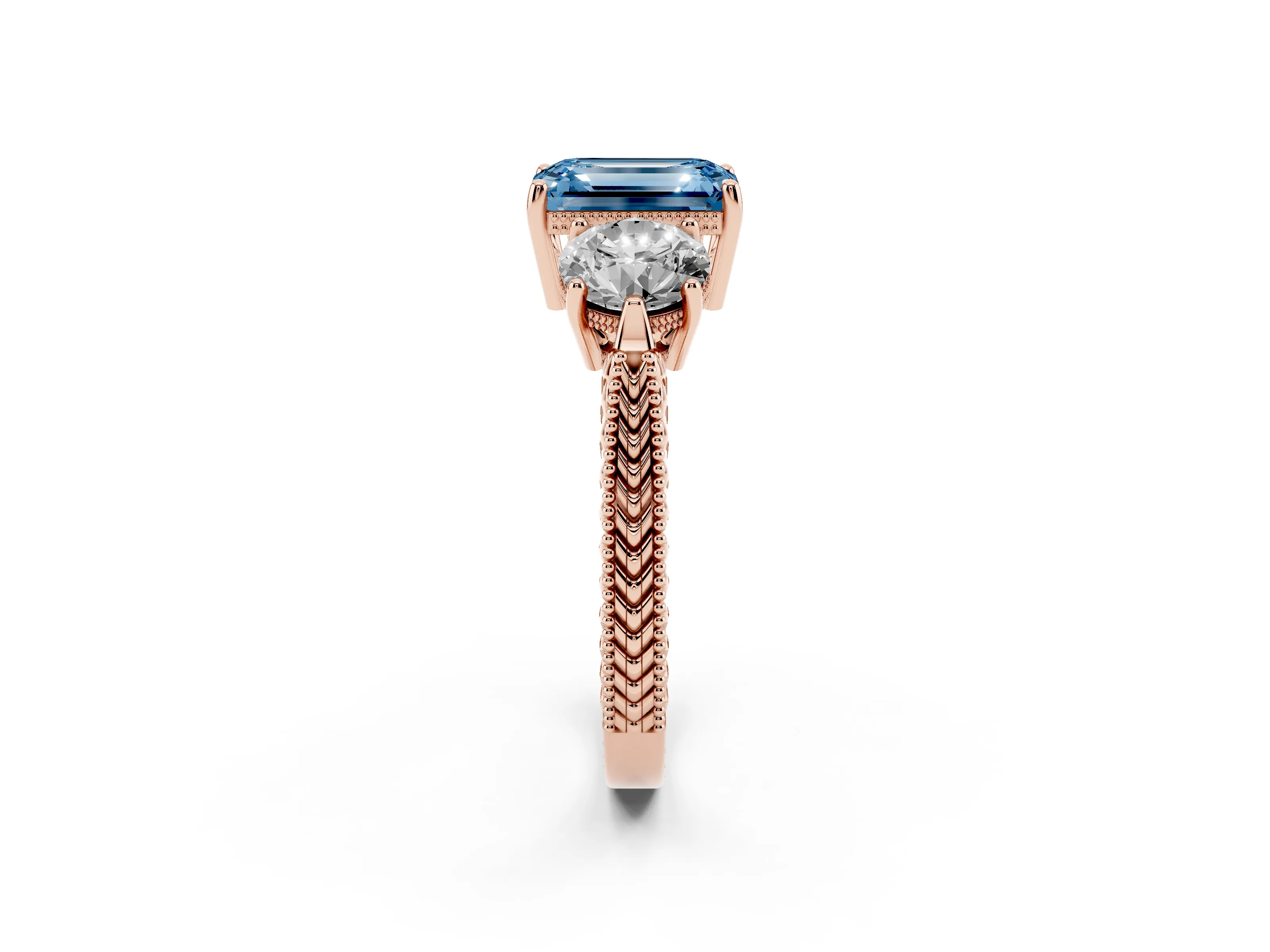 Fancy Blue Emerald Cut Diamond Three-Stone Ring Set in Rose gold with Milgrain Band