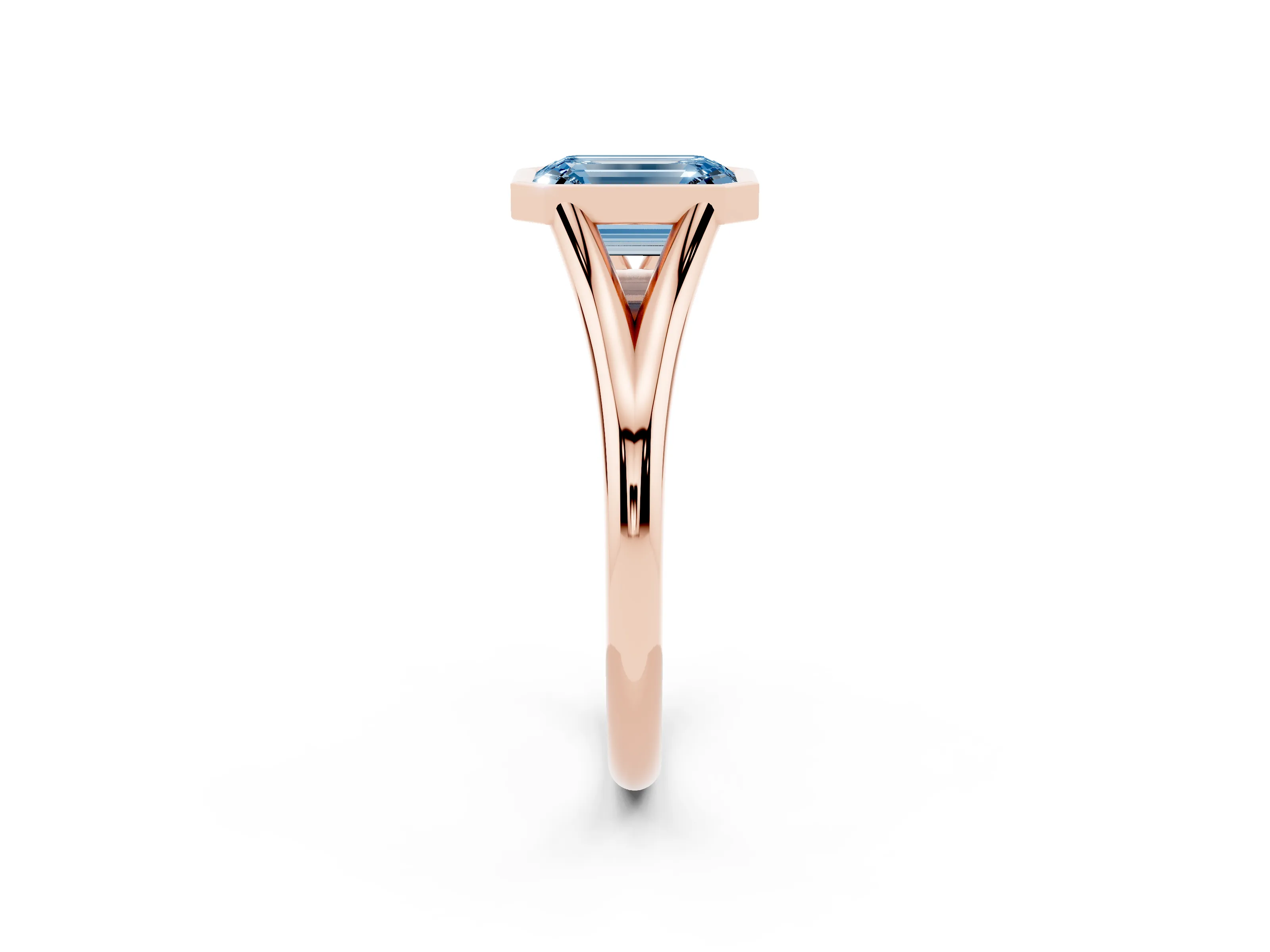 Fancy Blue Bezel Set Emerald Cut Diamond Solitaire Ring Set in Rose gold with Tapered Band