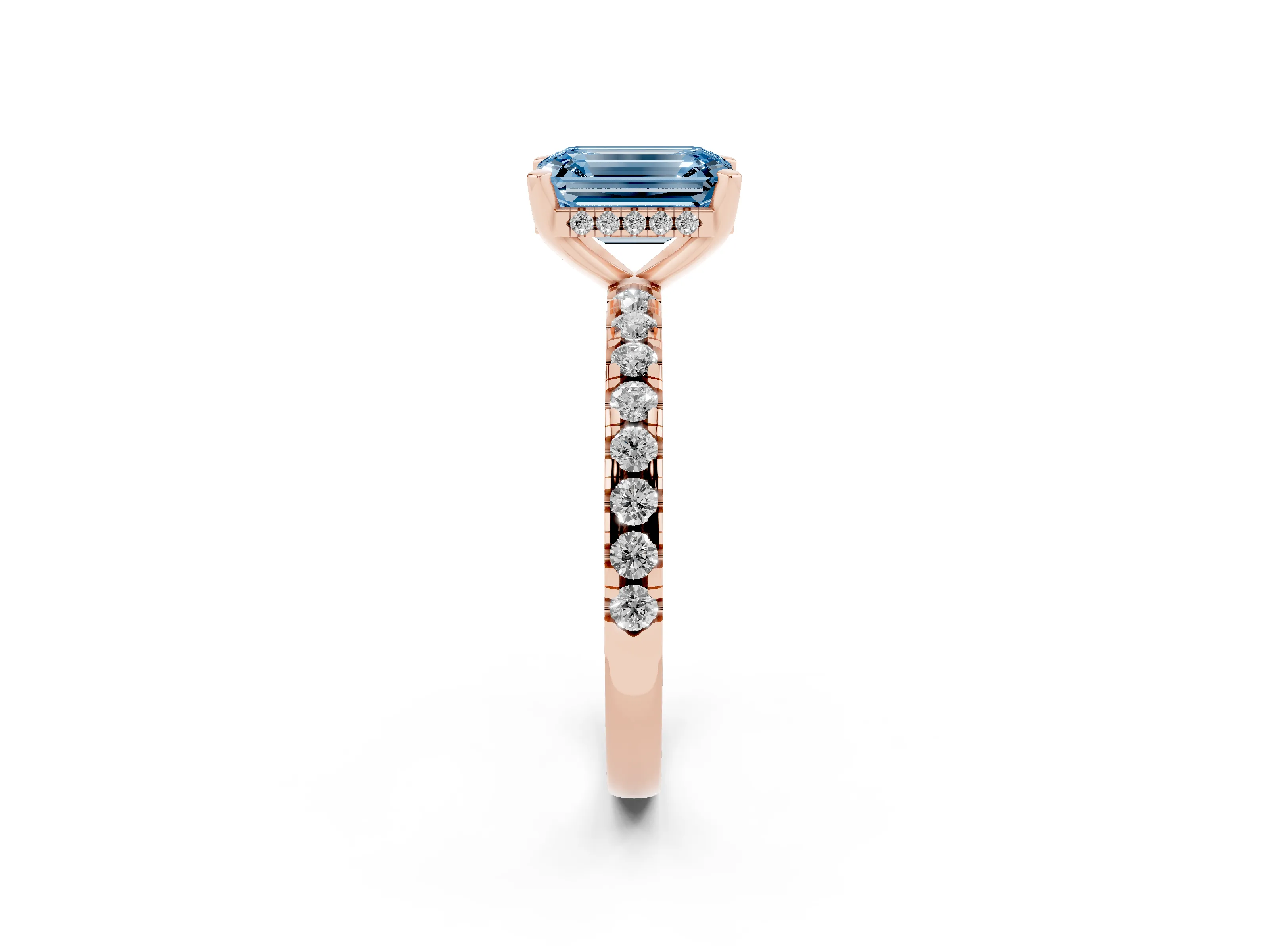 Fancy Blue Emerald Cut Diamond Pavé Solitaire Ring Set in Rose gold with Round Band Accents and Prong Setting
