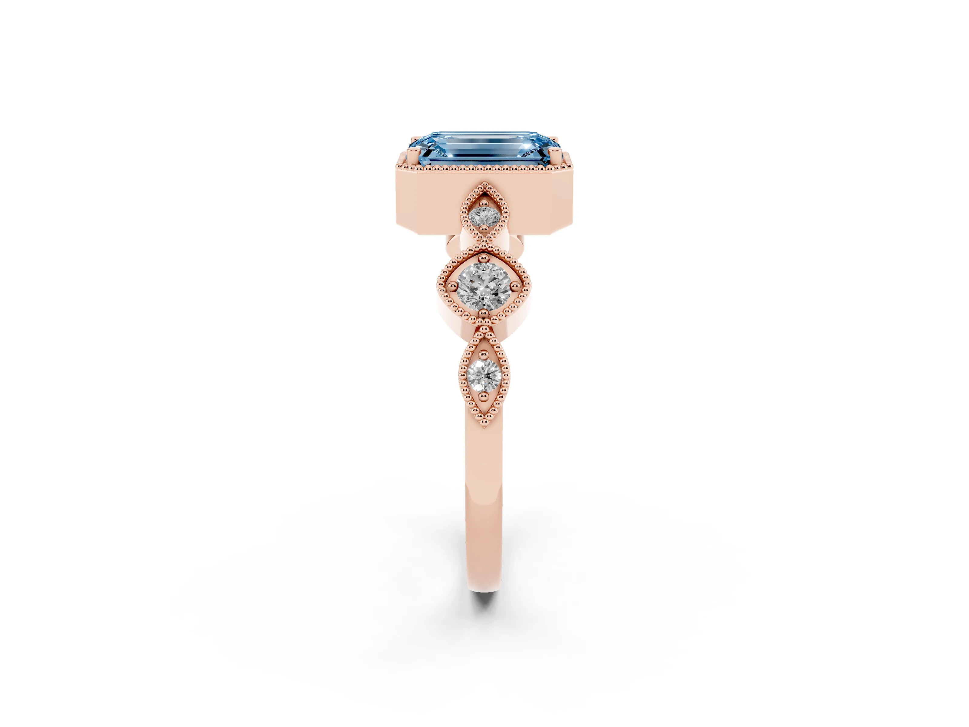 Fancy Blue Emerald Cut Diamond Vintage-Inspired Milgrain Ring Set in Rose gold with Marquise Stations of Round Accents