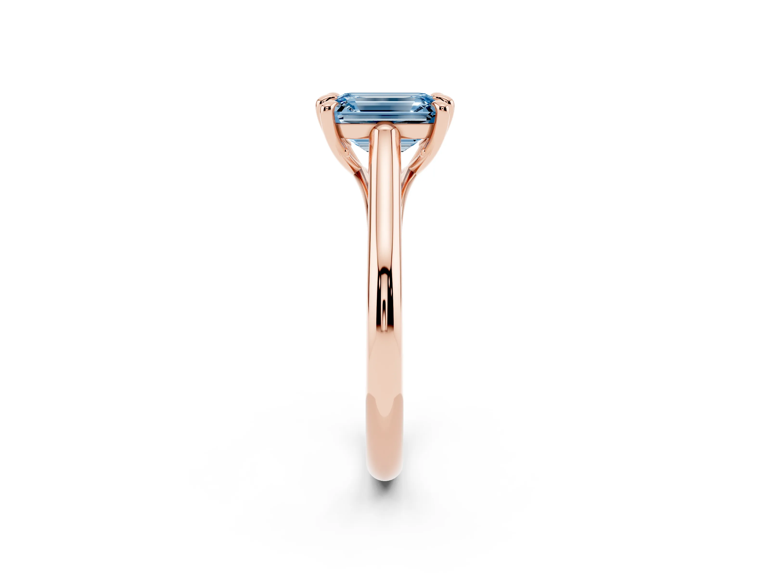 Fancy Blue Emerald Cut Diamond Solitaire Engagement Ring Set in Rose gold with Prong Setting and Plain Classic Band