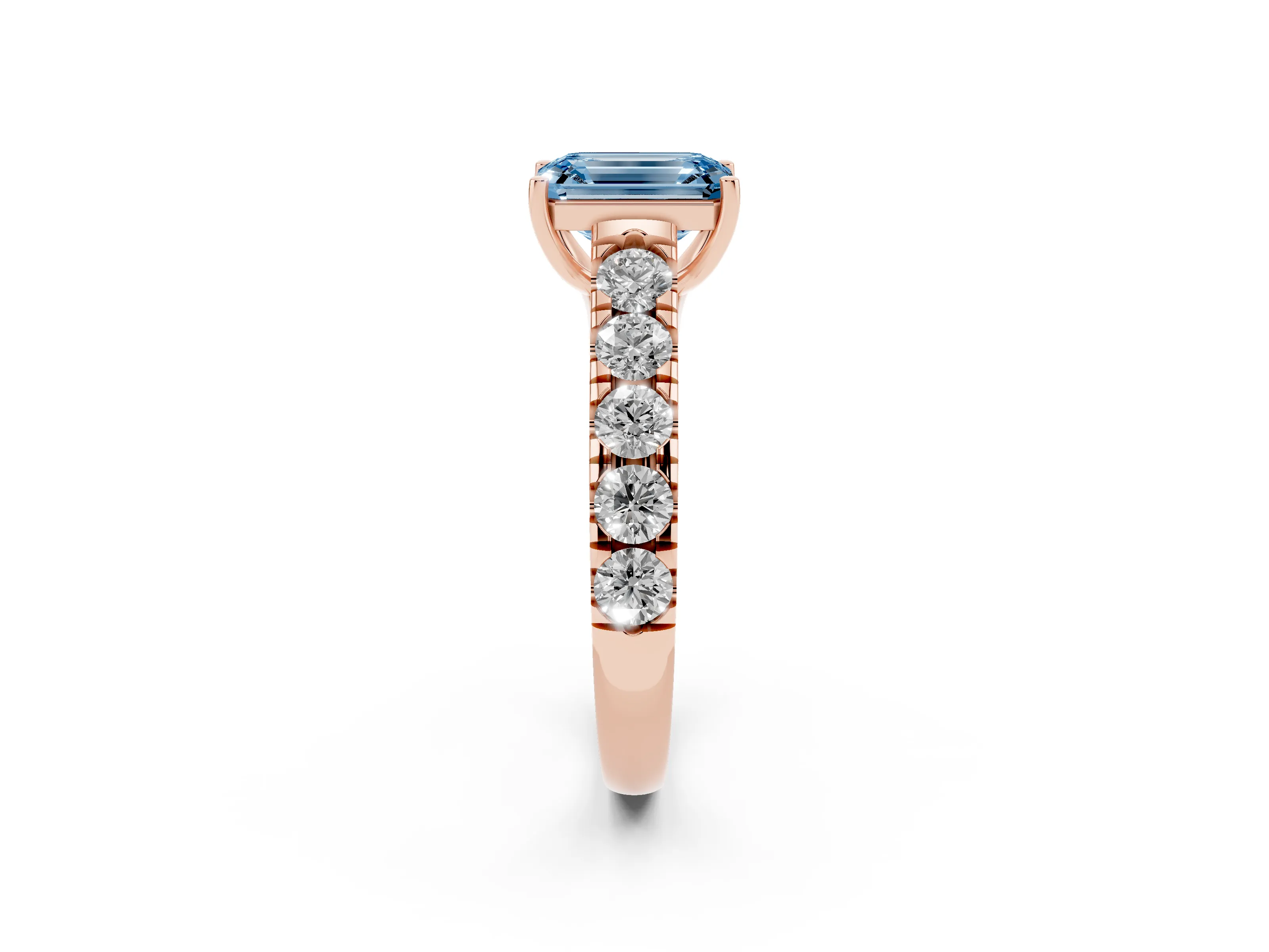 Fancy Blue Emerald Cut Diamond Solitaire Ring Set in Rose gold with Cut-Down Micro Pavé Band and Prong Setting