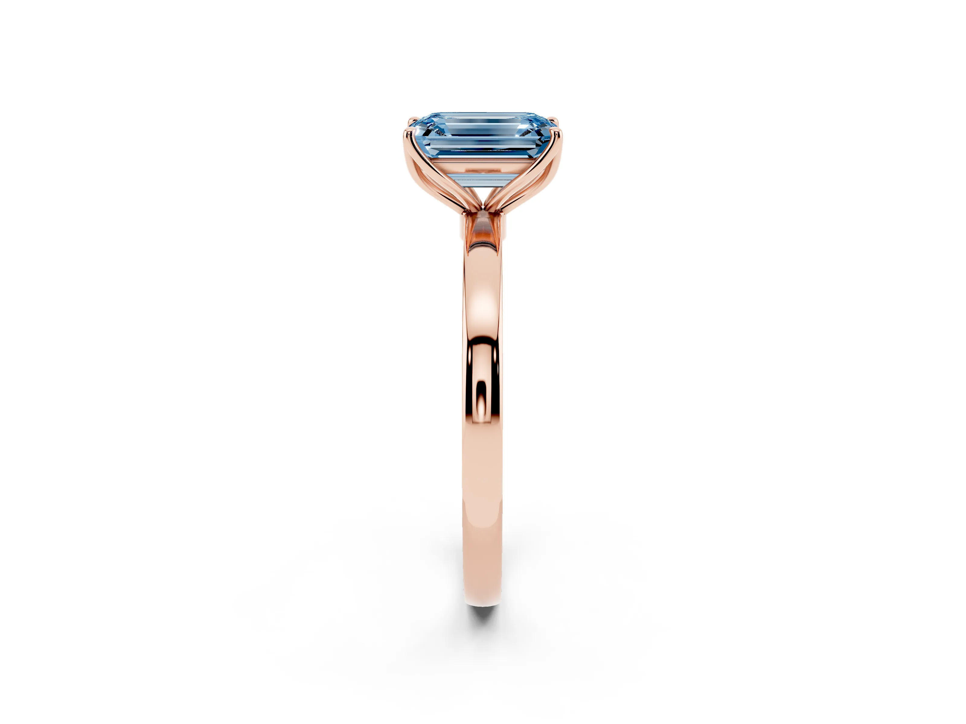 Fancy Blue Emerald Cut Diamond Solitaire Ring Set in Rose gold with Prong Setting and Thin Polished Band