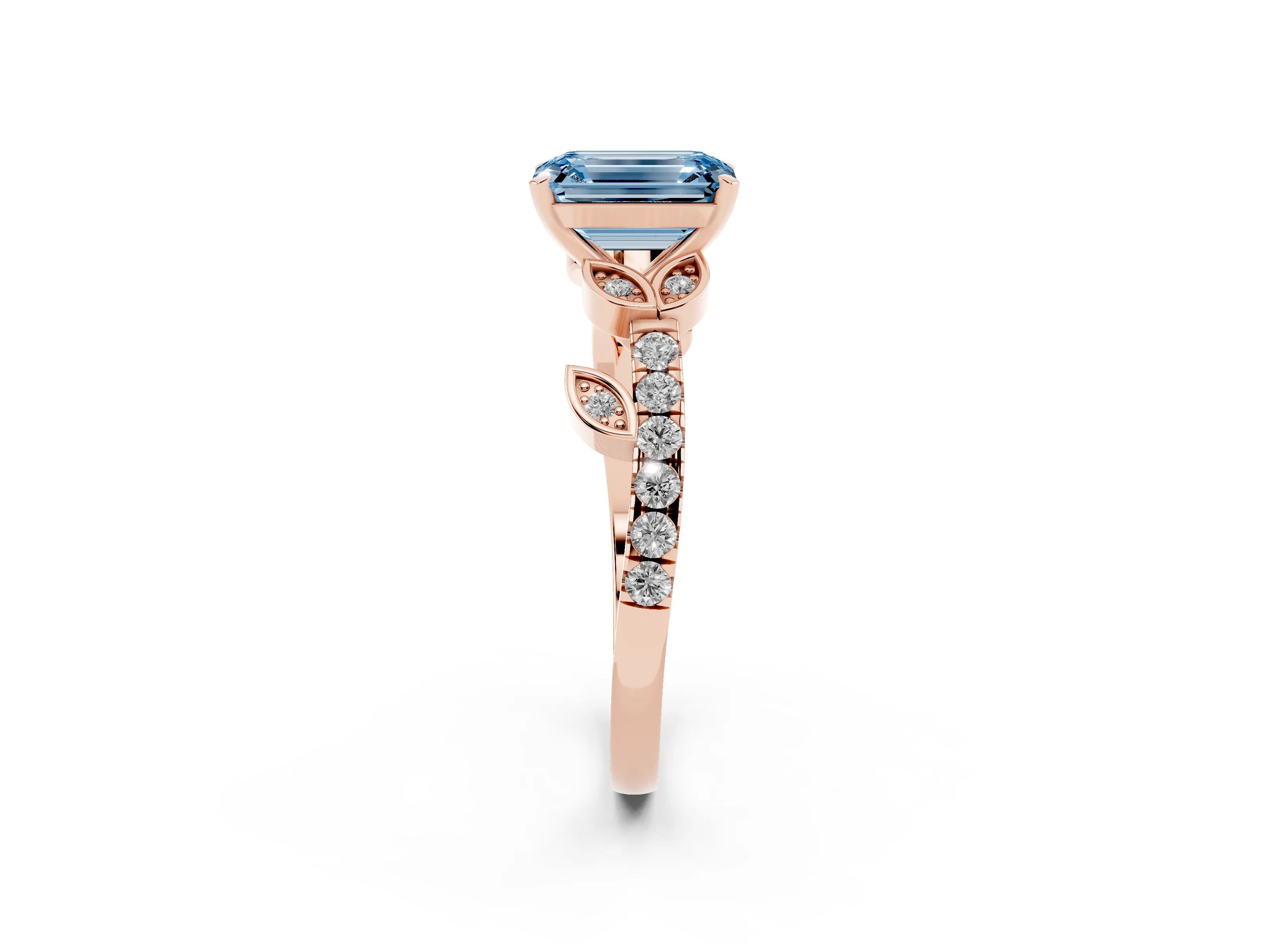 Fancy Blue Emerald Cut Diamond Solitaire Leaf-Inspired Ring Set in Rose gold with Pavé Band and Prong Setting