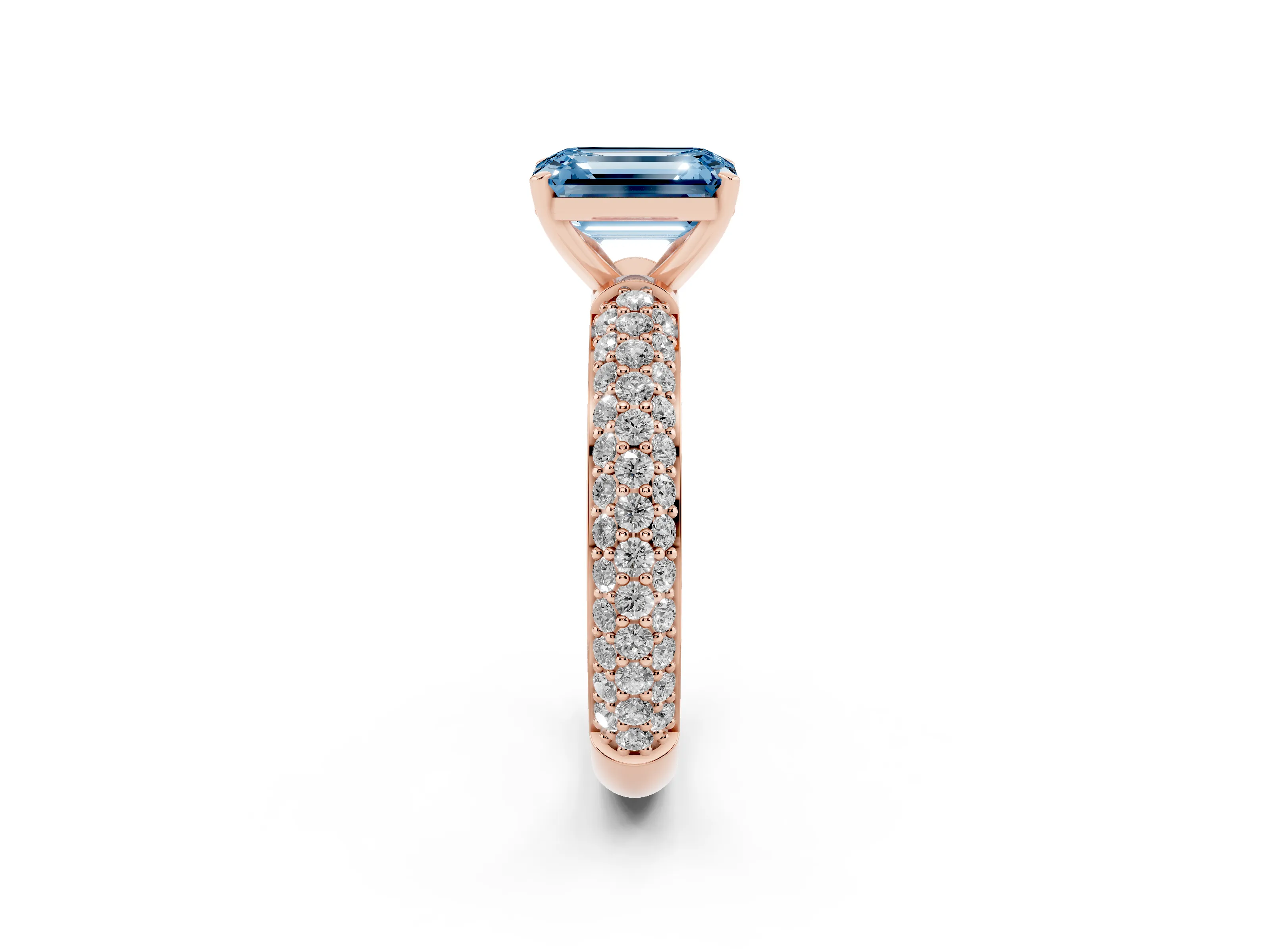 Fancy Blue Emerald Cut Diamond Solitaire Ring Set in Rose gold with Prong Setting and Pavé-Set Band