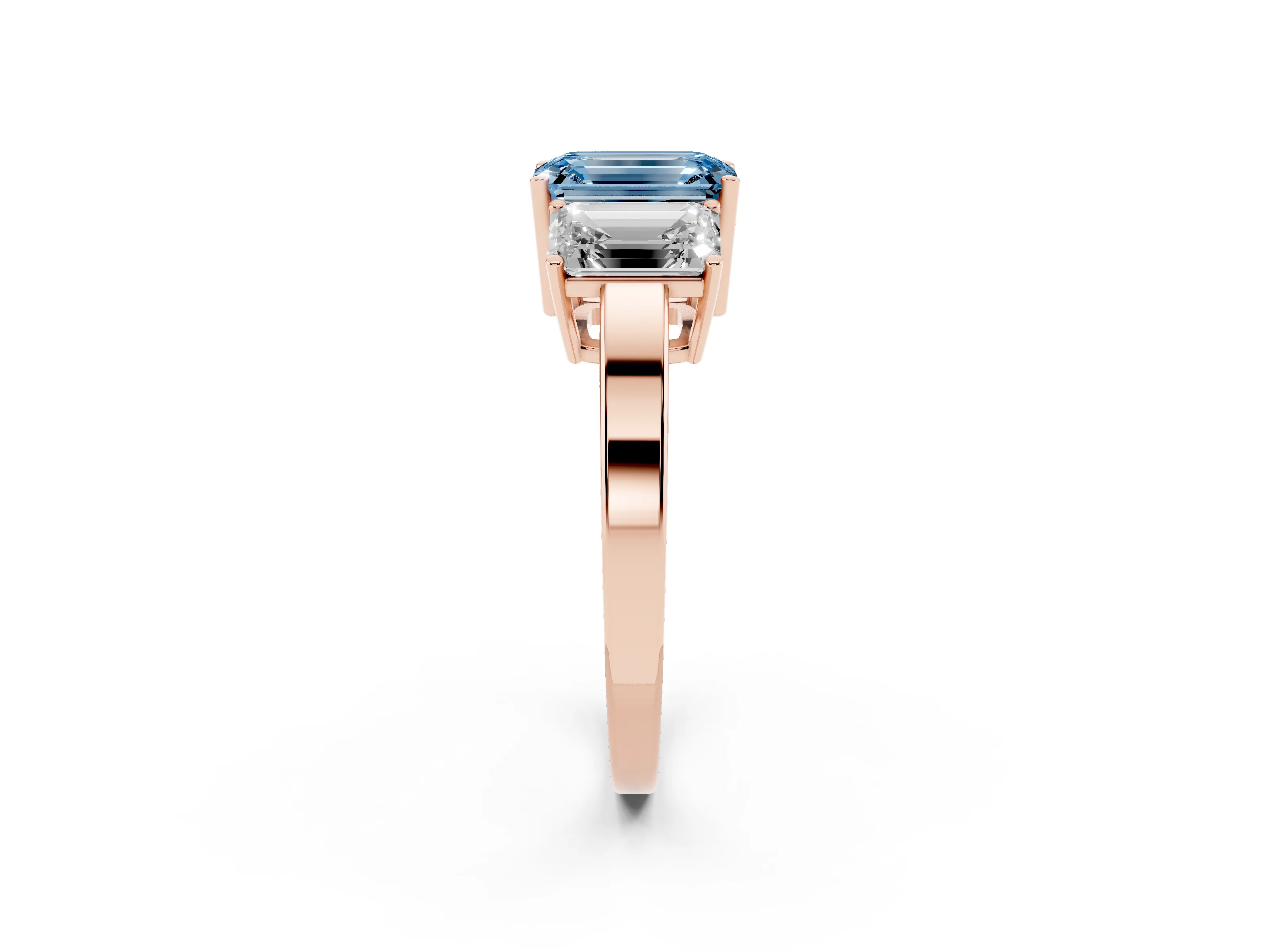 Fancy Blue Emerald Cut Diamond Three-Stone Engagement Ring Set in Rose gold with Flat Band