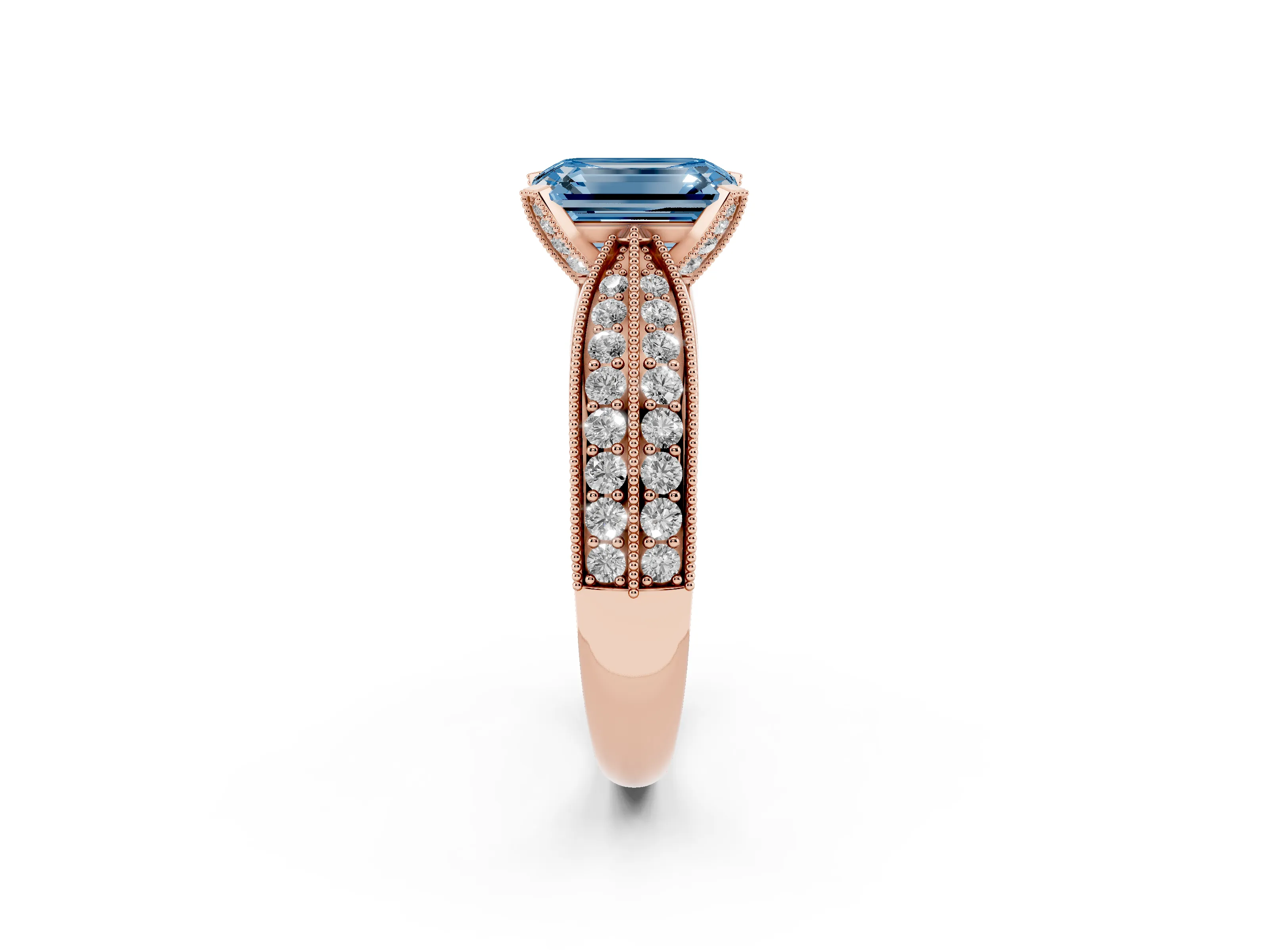 Fancy Blue Emerald Cut Diamond Solitaire Ring Set in Rose gold with Milgrain Double Row Round Pavé Band