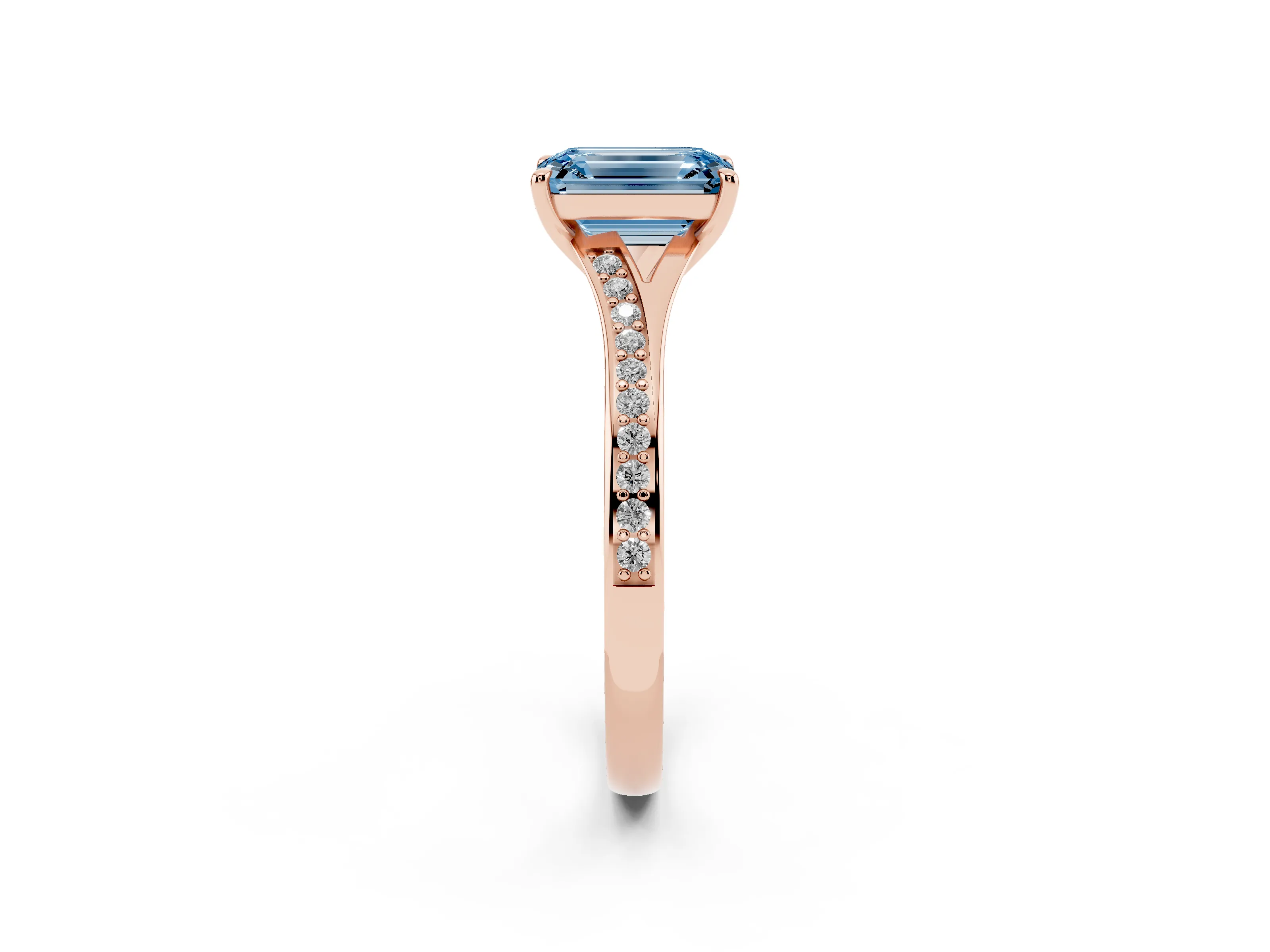 Fancy Blue Emerald Cut Diamond Solitaire Ring Set in Rose gold with Pavé Accent Band and Classic Prong Setting