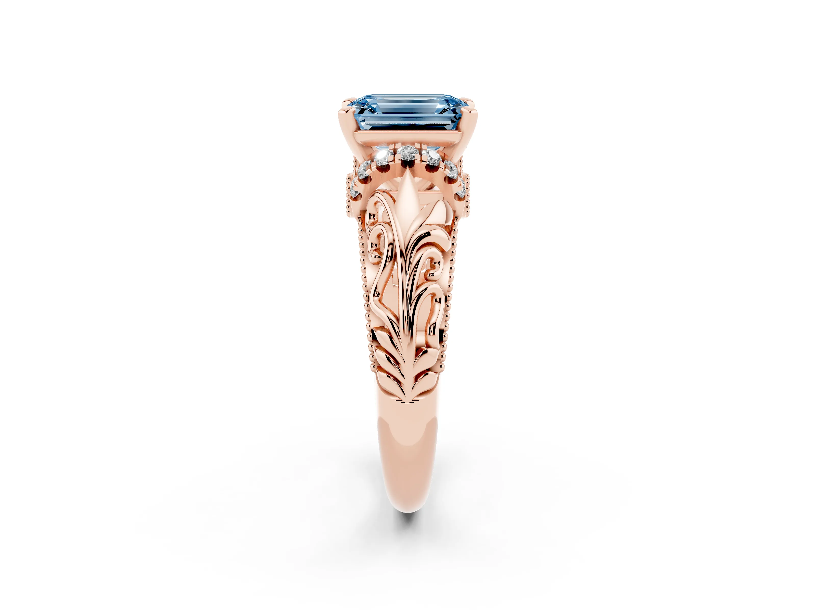 Fancy Blue Emerald Cut Diamond Filigree Halo Engagement Ring Set in Rose gold with Prong Setting