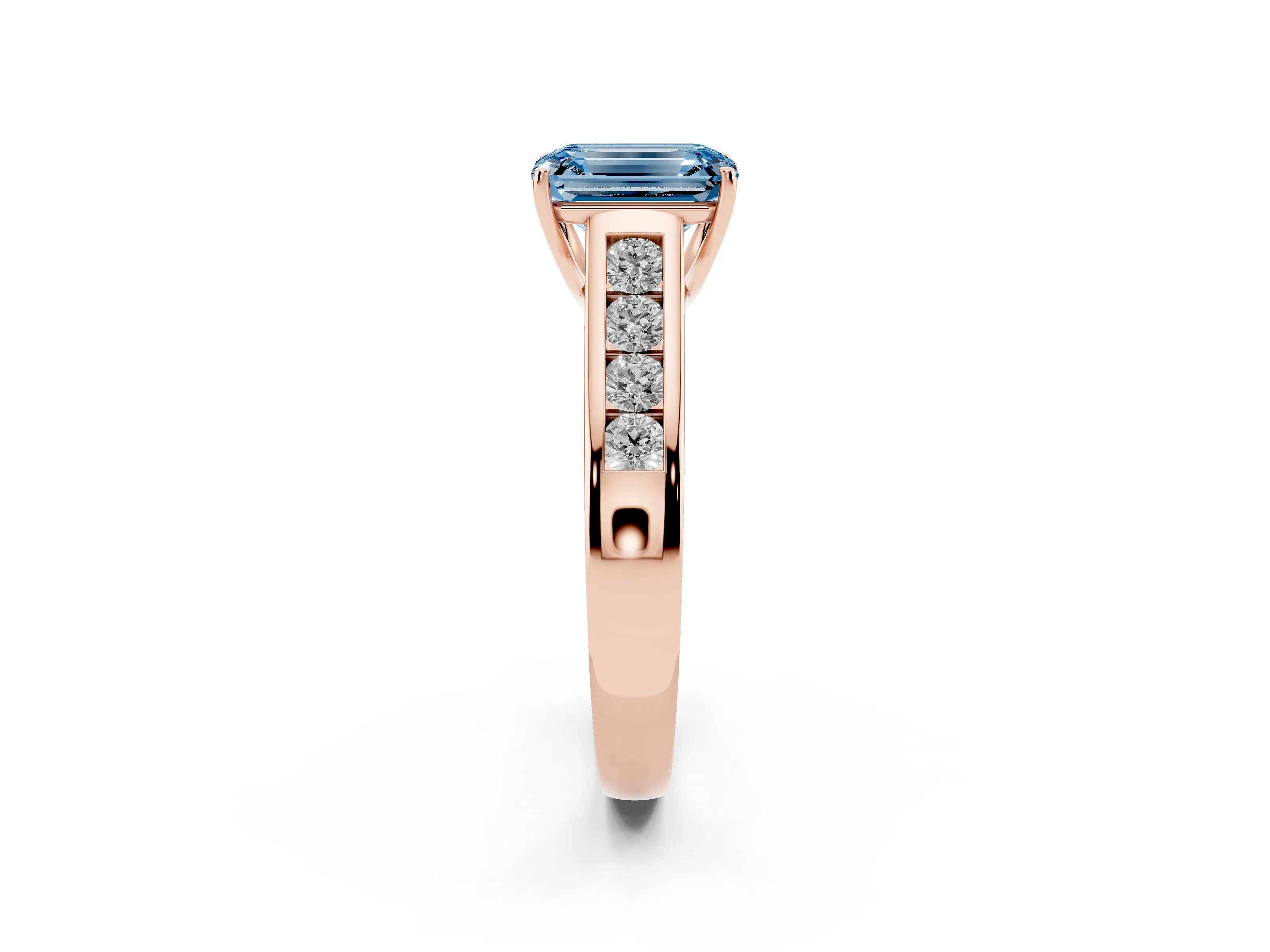 Fancy Blue Emerald Cut Diamond Solitaire Channel-Set Engagement Ring Set in Rose gold with Prong Setting