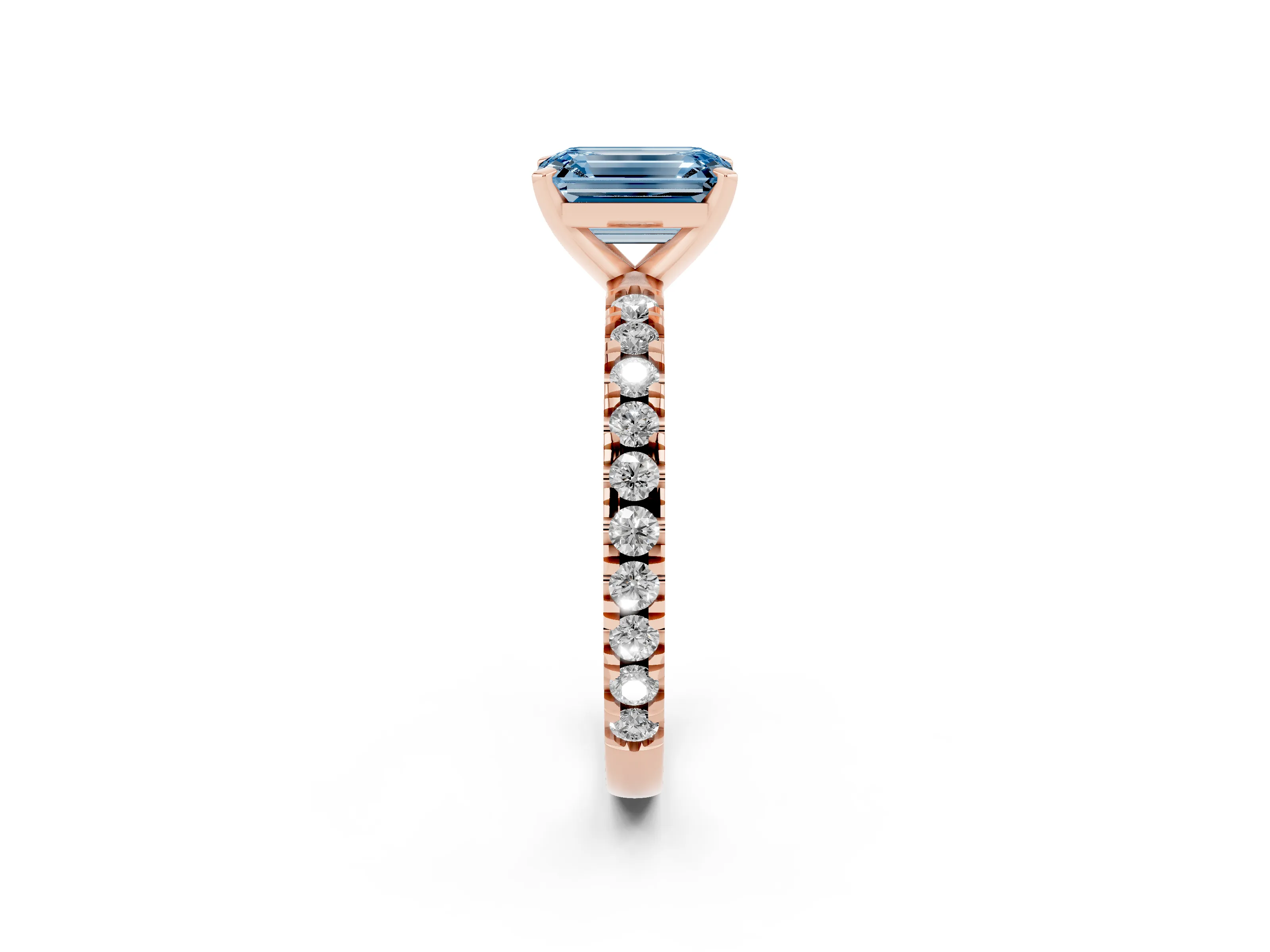 Fancy Blue Emerald Cut Diamond Pavé Band Solitaire Set in Rose gold with Prong Setting