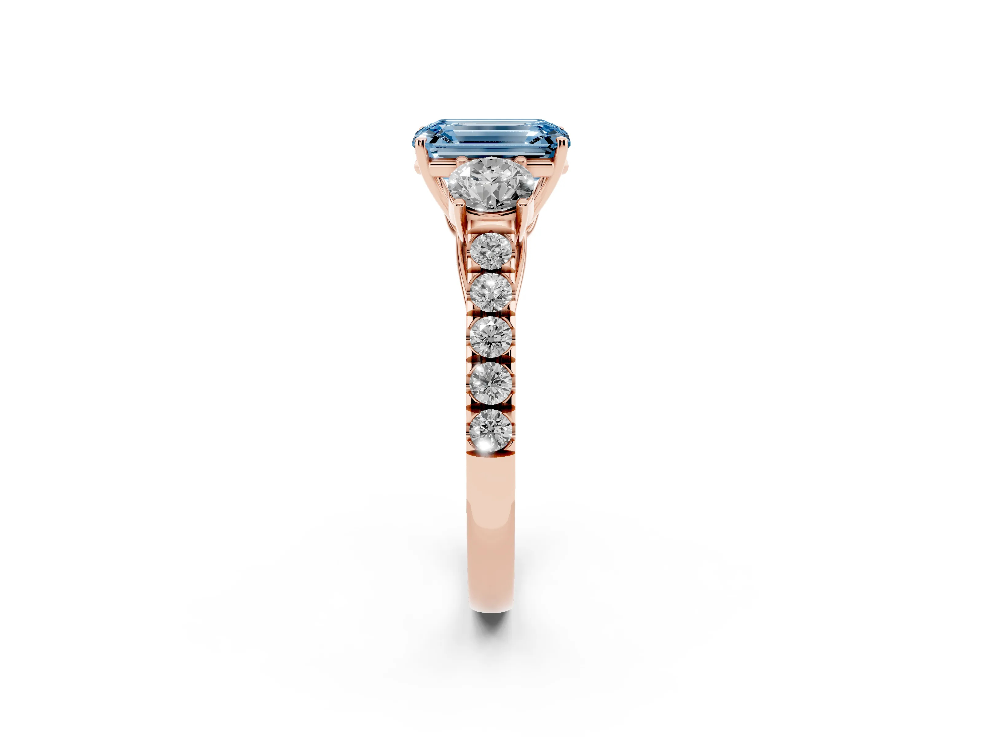 Fancy Blue Emerald Cut Diamond Three-Stone Ring Set in Rose gold with Round Side Stones and Delicate Pavé Band