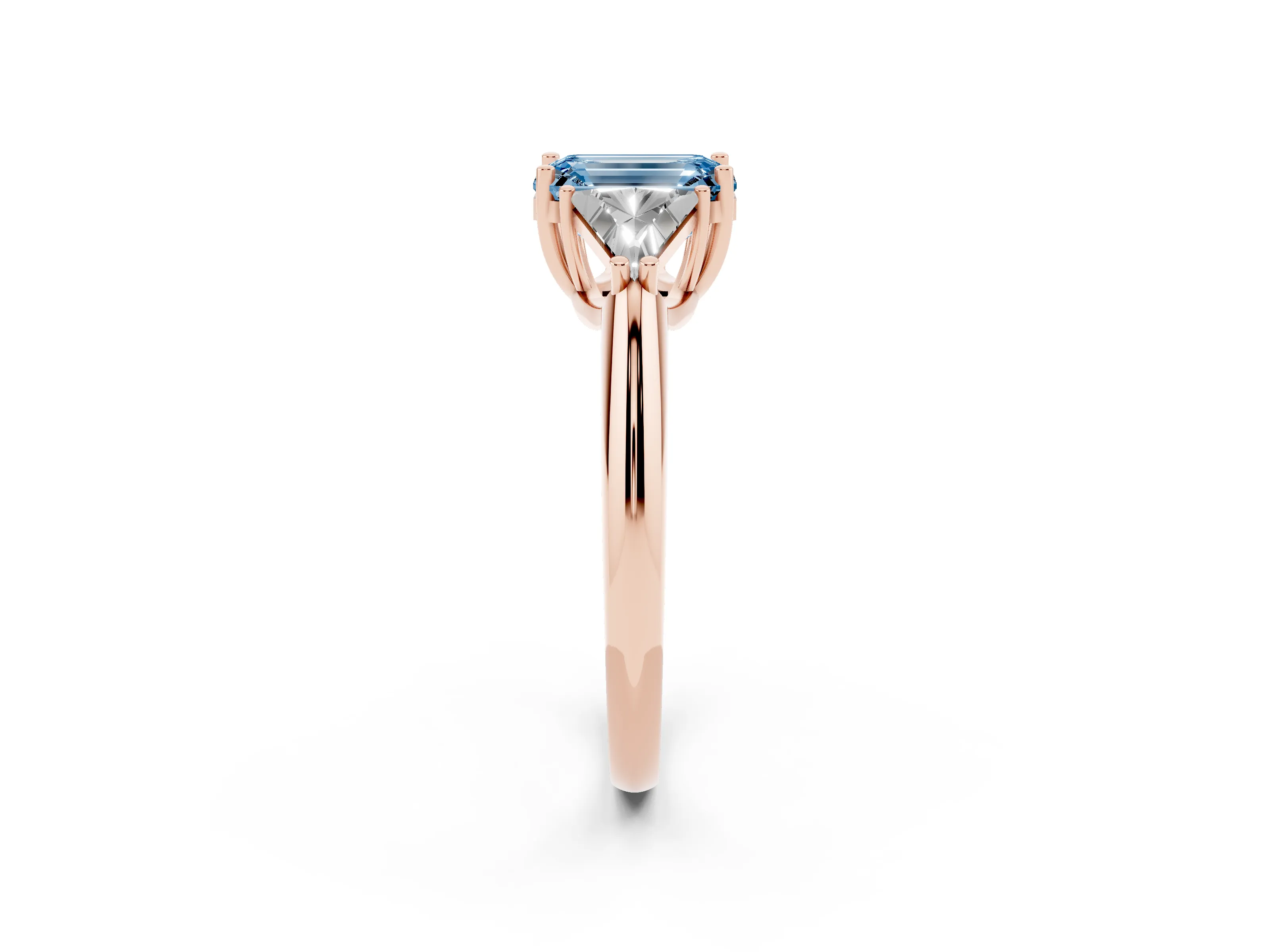 Fancy Blue Emerald Cut Diamond Three-Stone Engagement Ring Set in Rose gold with Trillion Side Stones