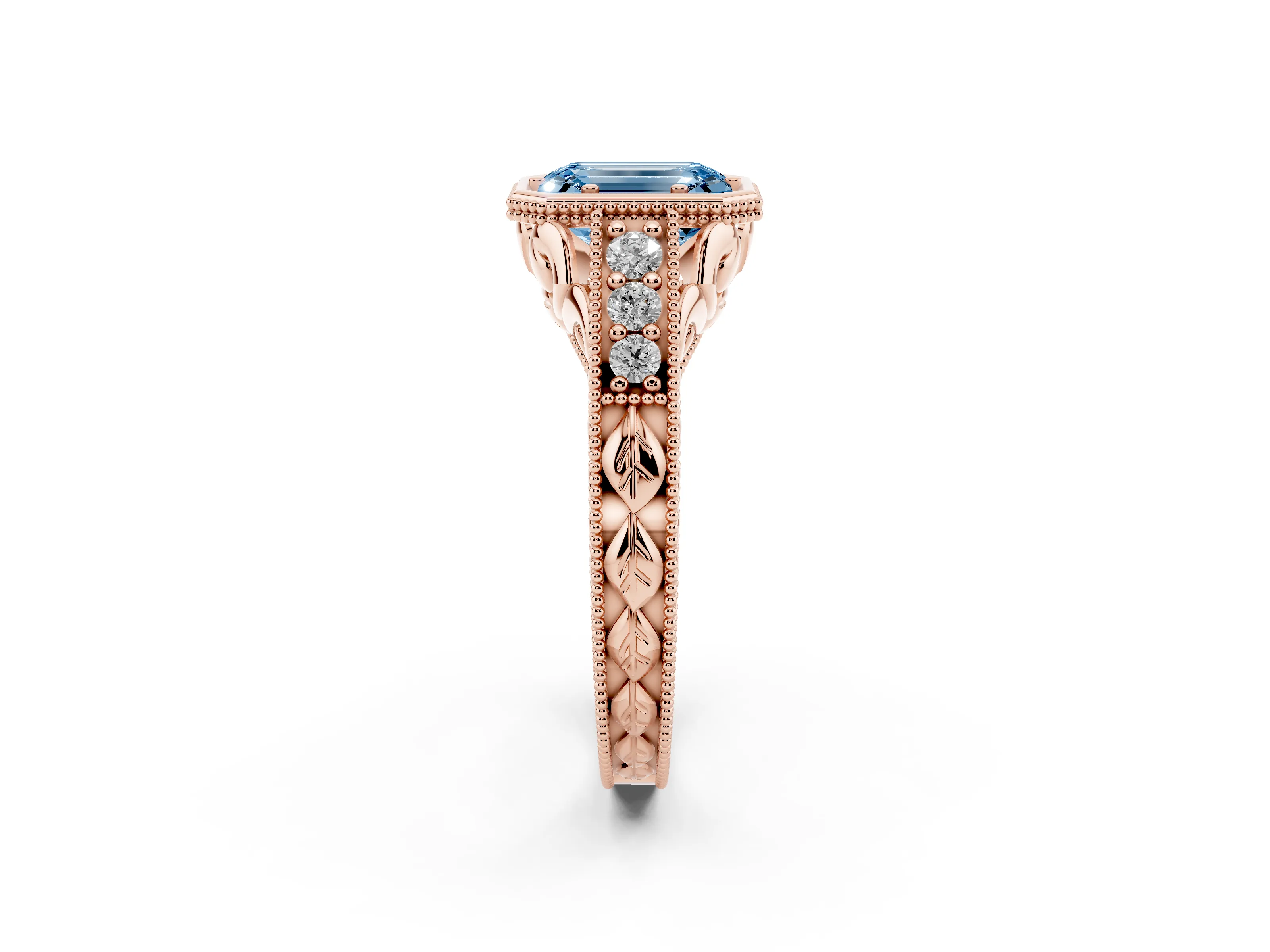 Fancy Blue Bezel Set Emerald Cut Diamond Milgrain Pavé Engagement Ring Set in Rose gold