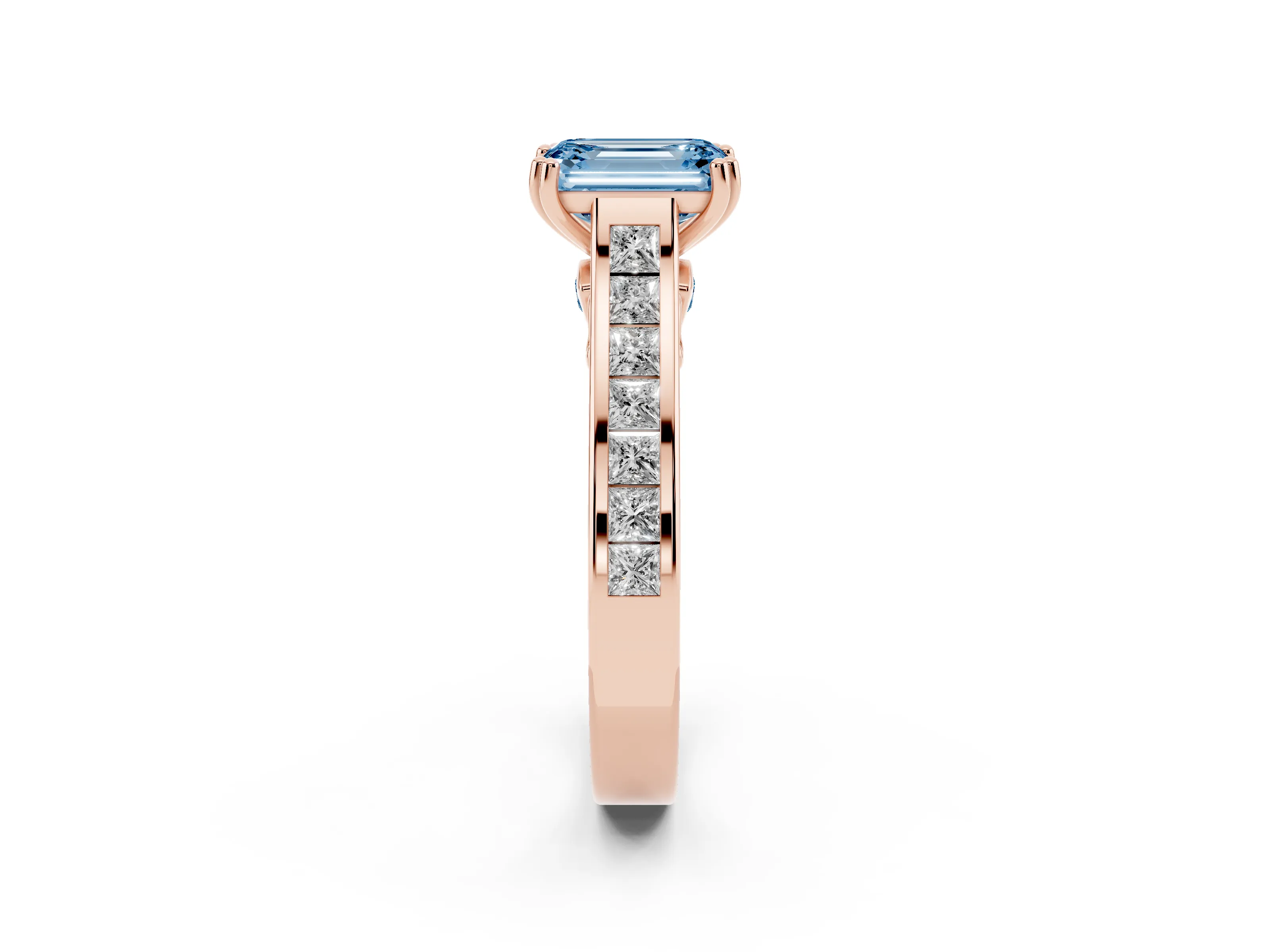 Fancy Blue Emerald Cut Diamond Channel Set Solitaire Engagement Ring Set in Rose gold with Prong Setting