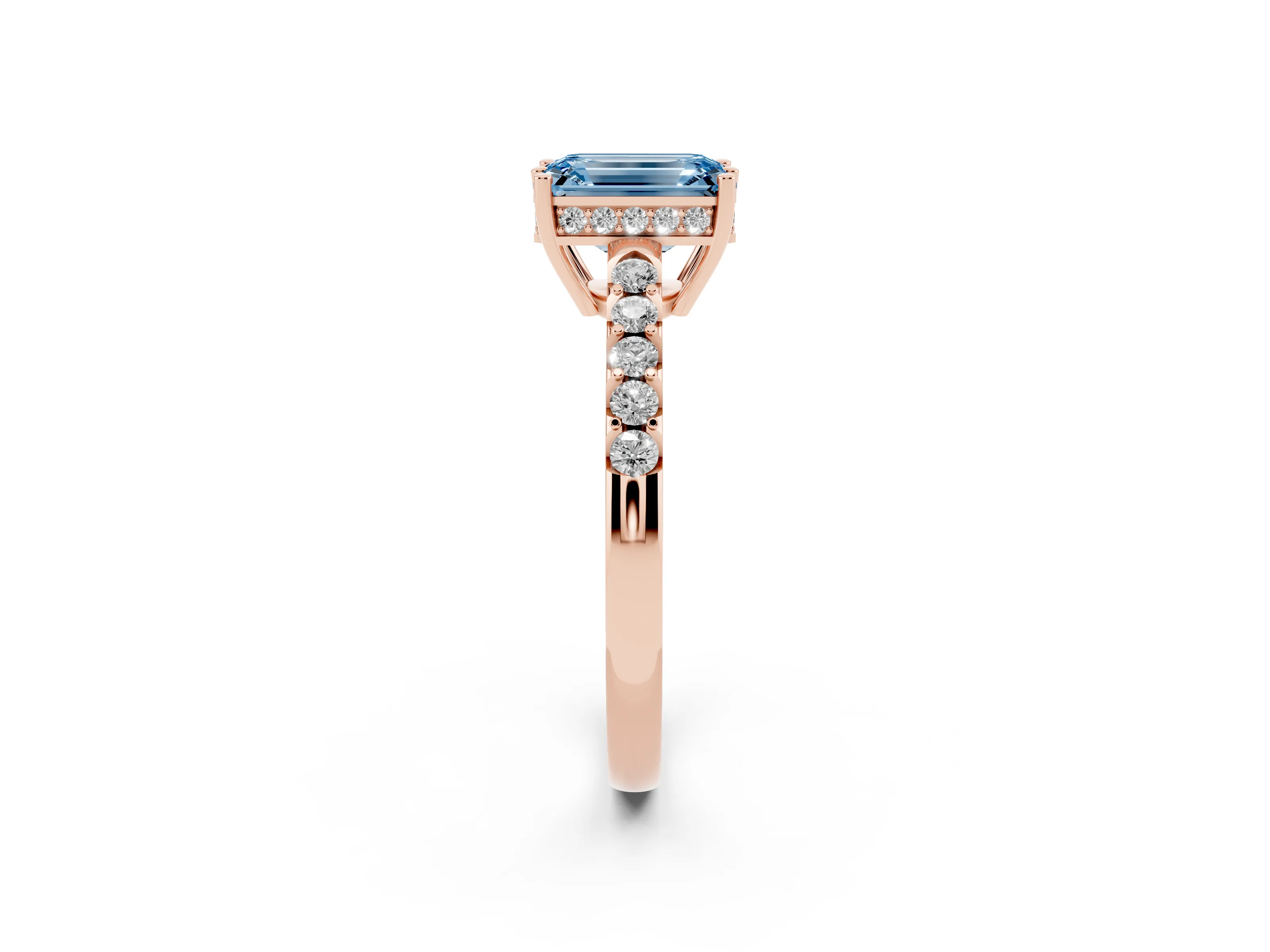 Fancy Blue Emerald Cut Diamond Solitaire Engagement Ring Set in Rose gold with Pavé Band and Prong Setting
