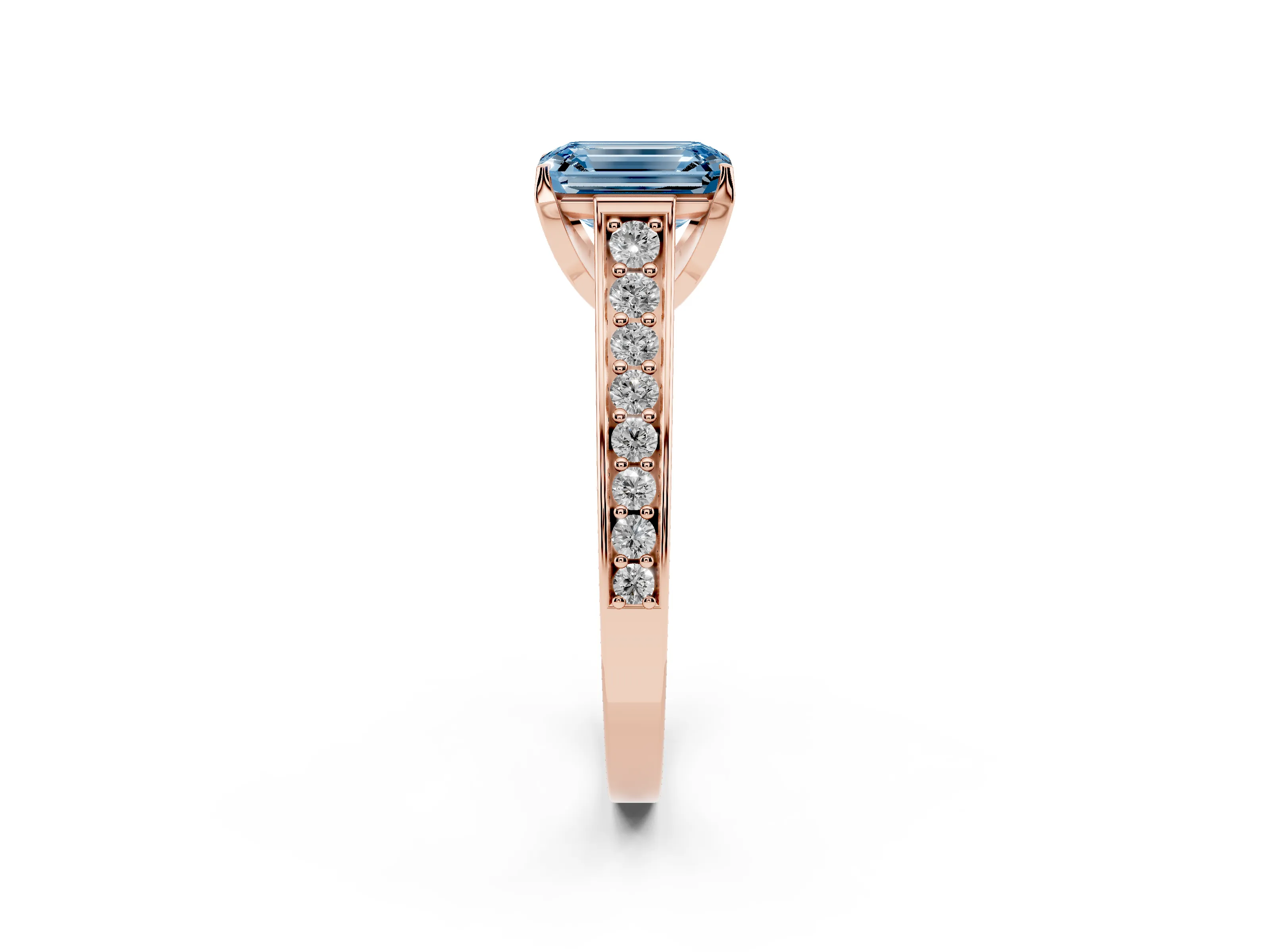 Fancy Blue Emerald Cut Diamond Solitaire Pavé Engagement Ring Set in Rose gold with Prong Setting