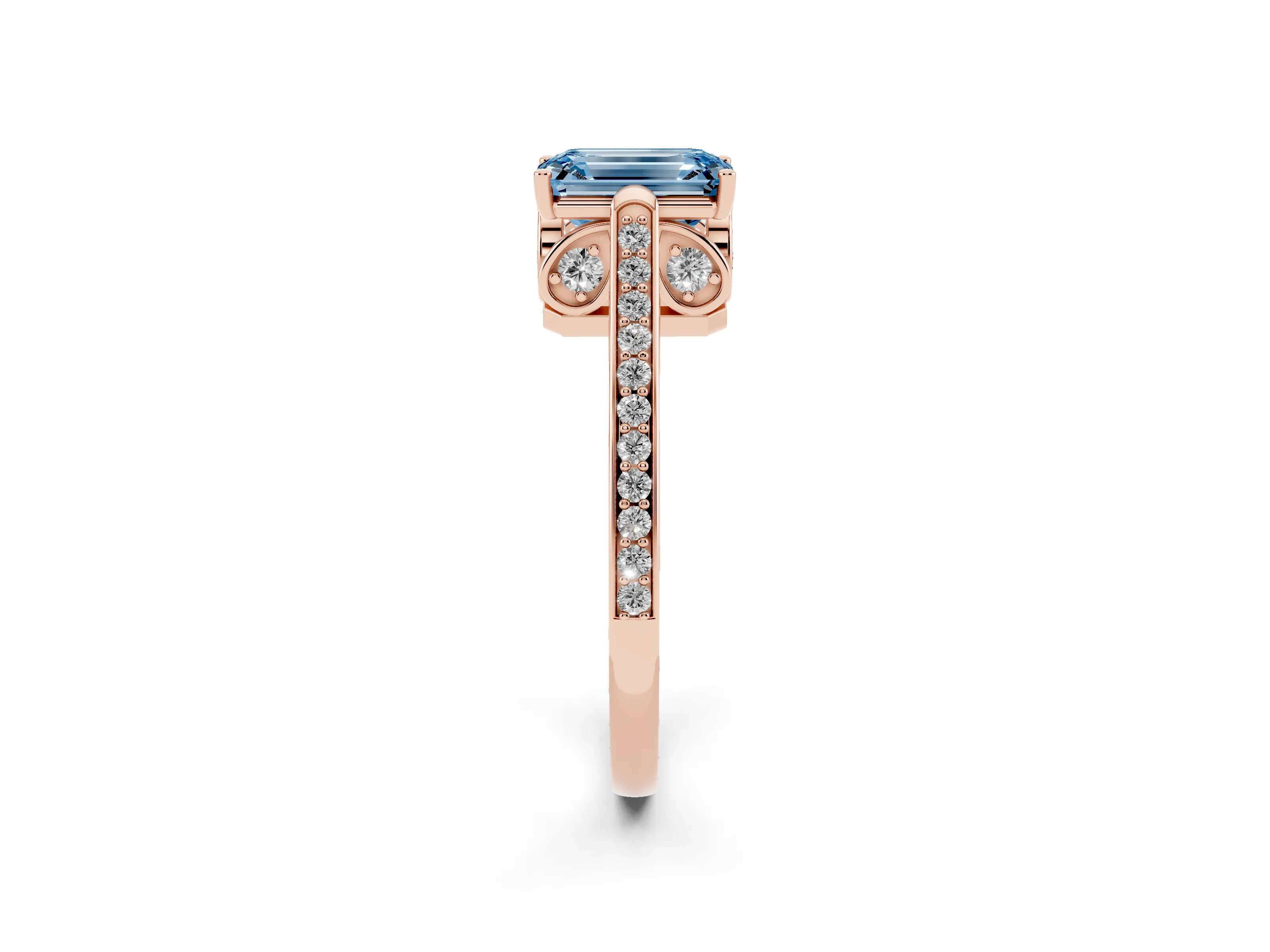 Fancy Blue Emerald Cut Diamond Cathedral Pavé Engagement Ring Set in Rose gold with Prong Setting