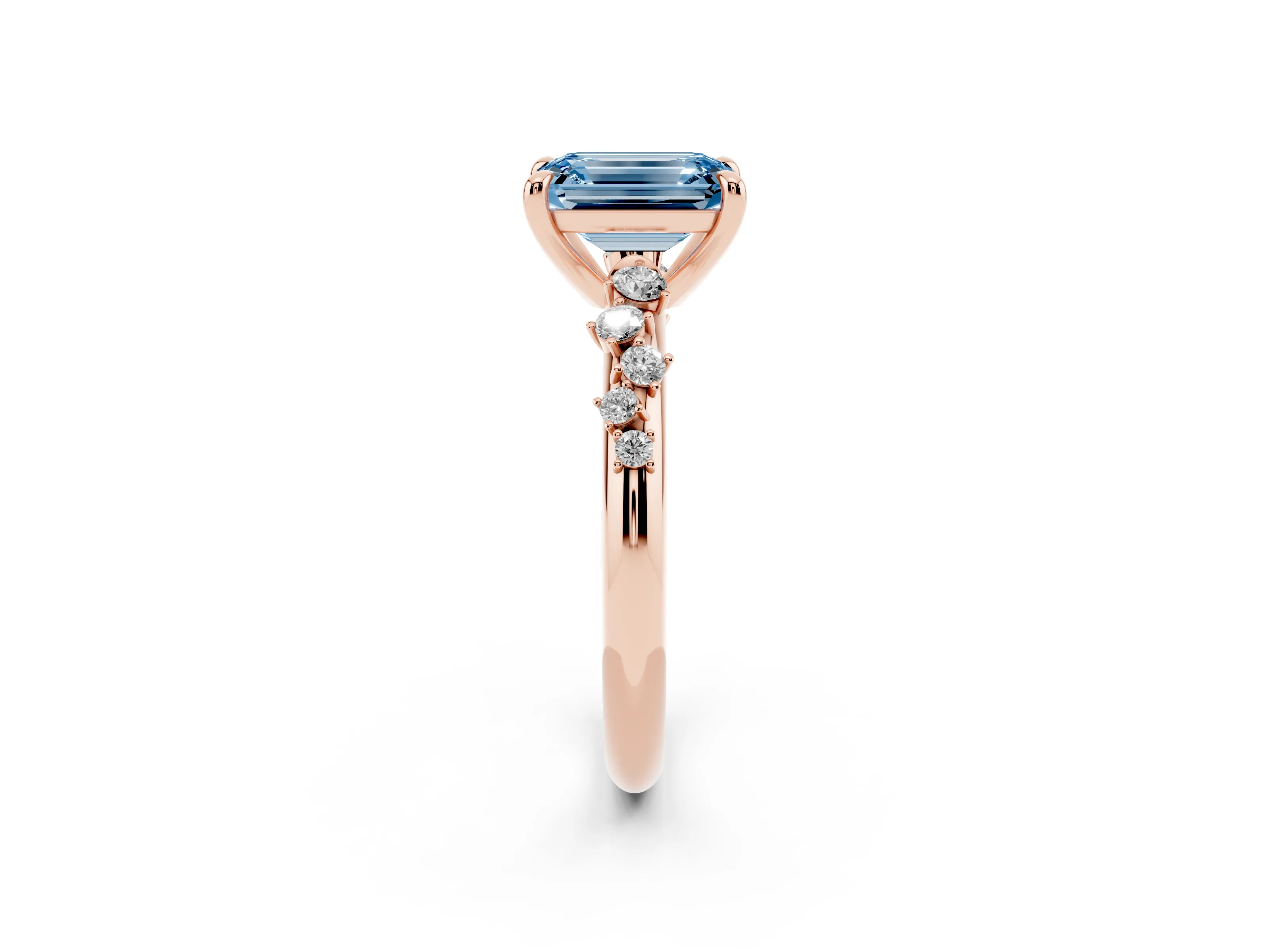 Fancy Blue Emerald Cut Diamond Solitaire Vine Band Ring Set in Rose gold with Round Accents and Prong Setting