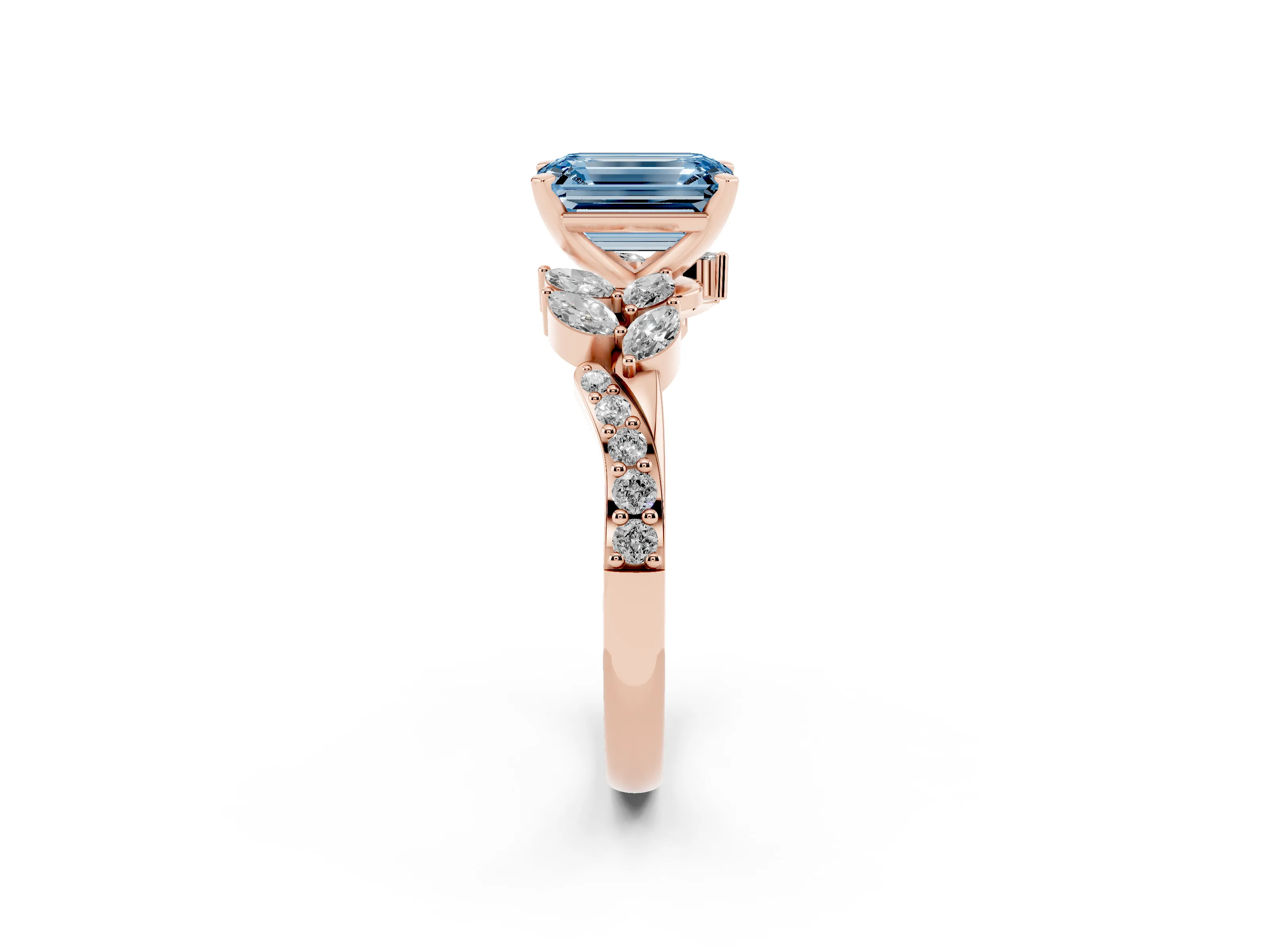 Fancy Blue Emerald Cut Diamond Solitaire Ring Set in Rose gold with Marquise Twist Band and Prong Setting