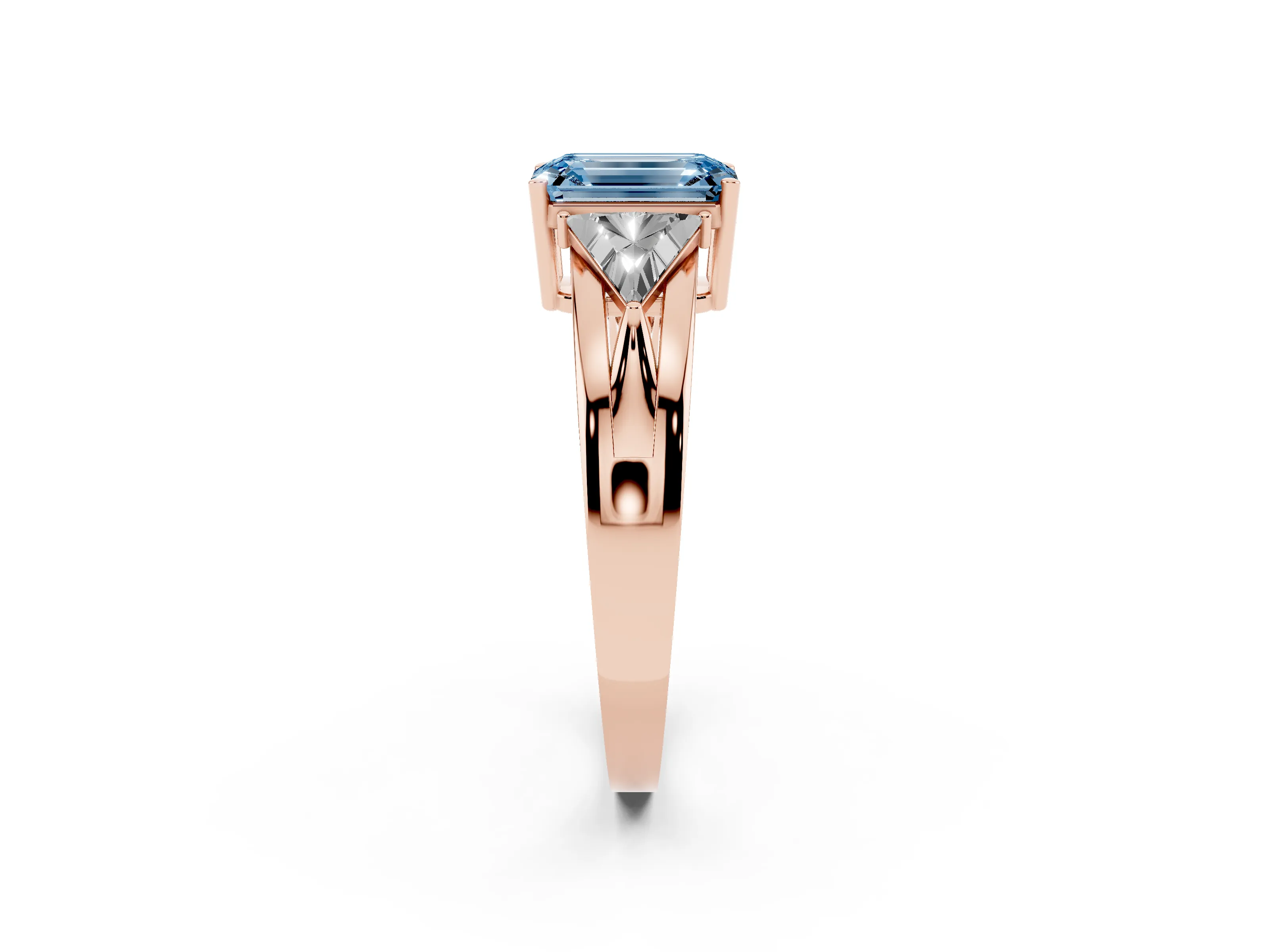 Fancy Blue Emerald Cut Diamond Three-Stone Ring Set in Rose gold with Trillion Side Stones and Split Shank