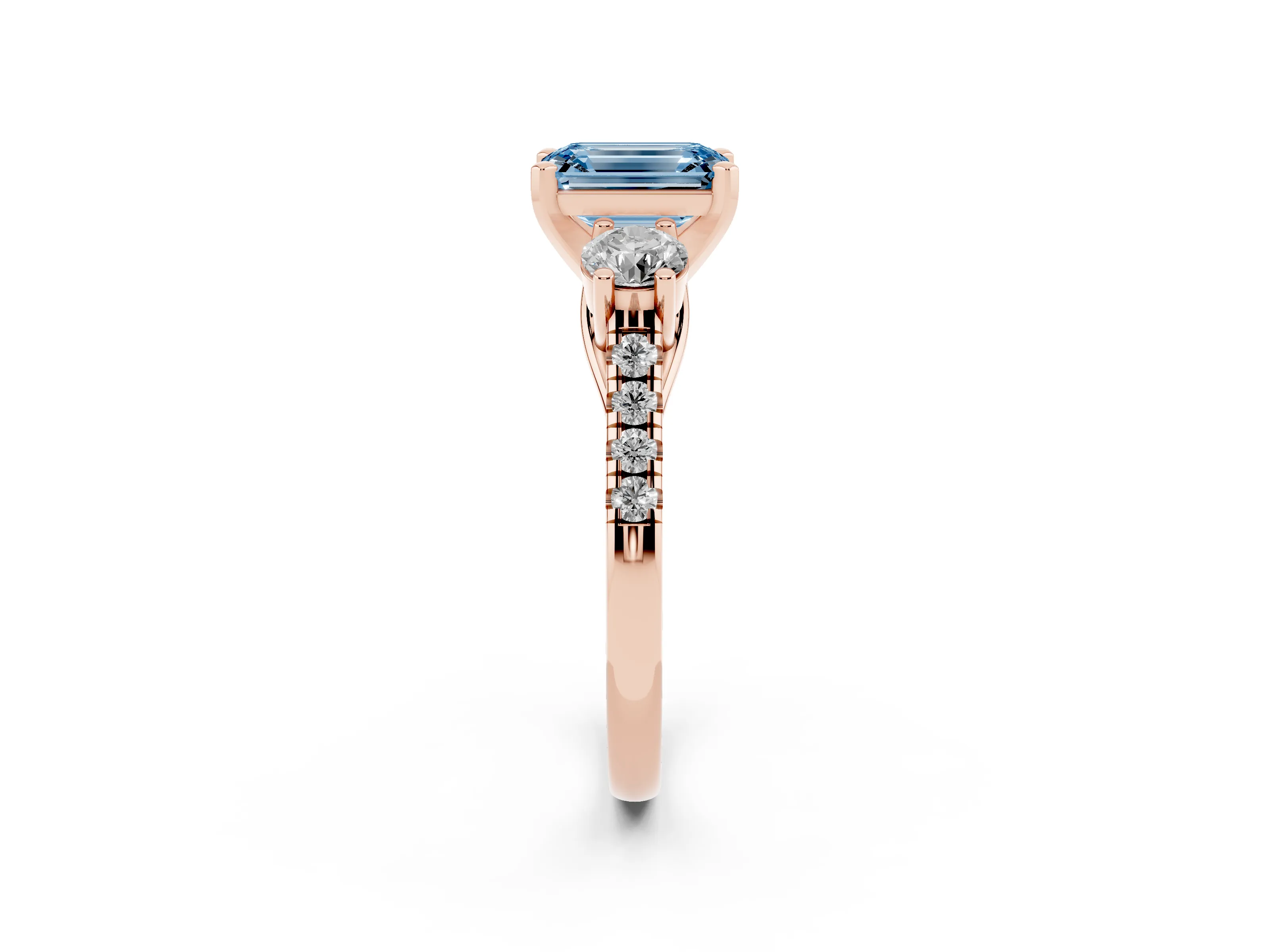 Fancy Blue Three-Stone Emerald Cut Diamond Pavé Band Ring Set in Rose gold with Prong-Set Trio