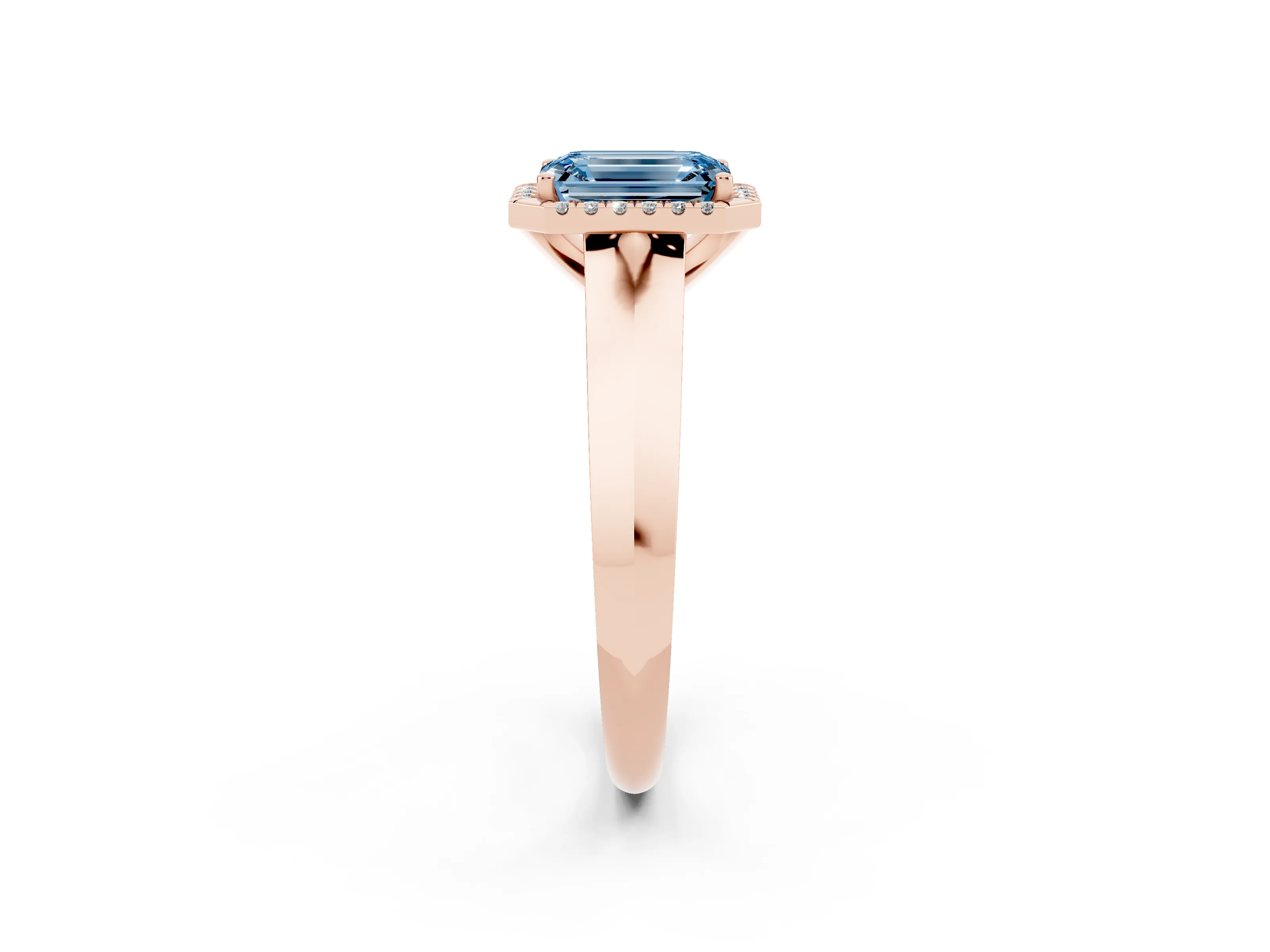Fancy Blue Emerald Cut Diamond Halo Ring Set in Rose gold with Cathedral Band and Prong Setting
