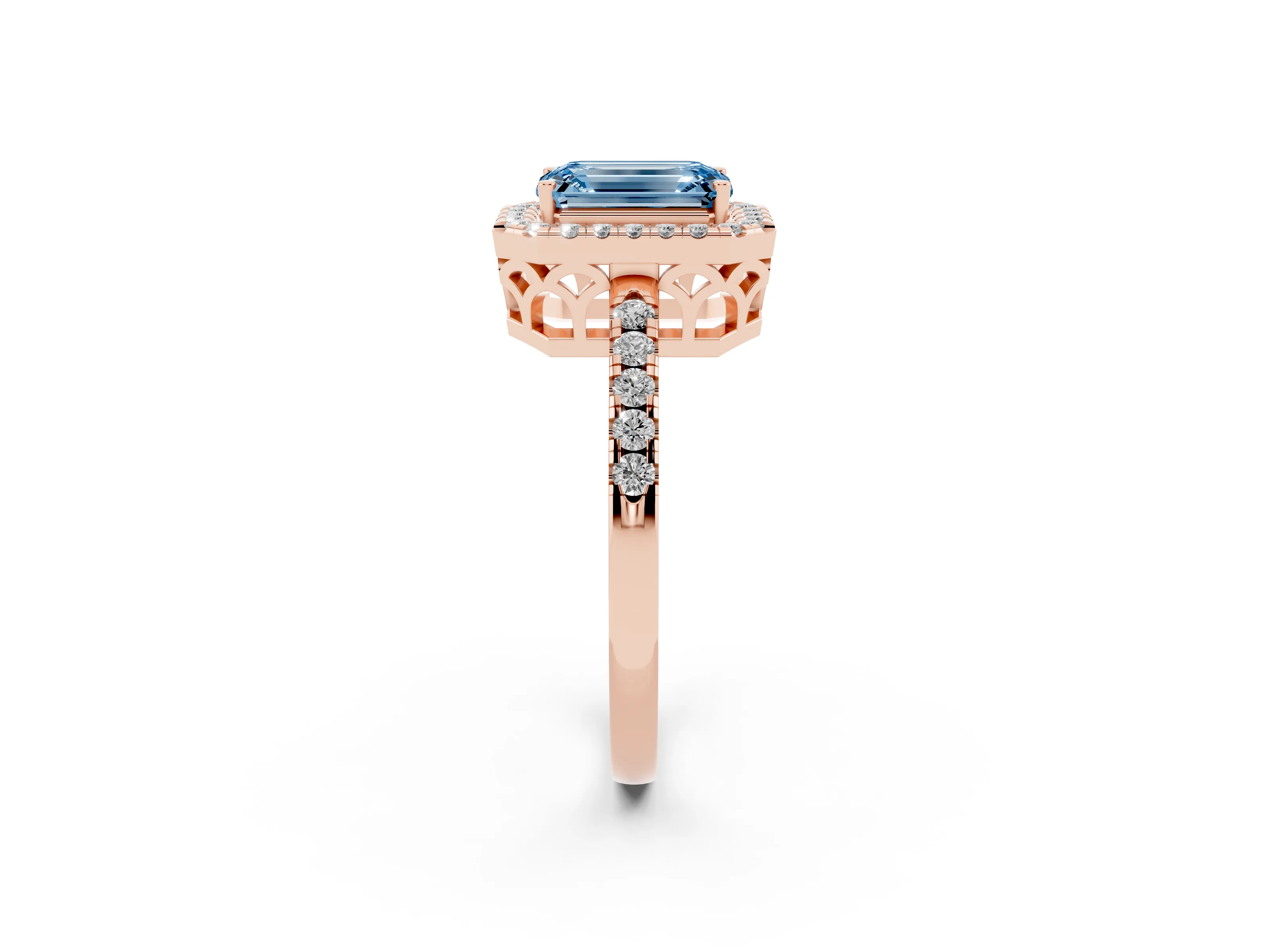 Fancy Blue Emerald Cut Diamond Pavé Band Halo Engagement Ring Set in Rose gold with Prong Setting