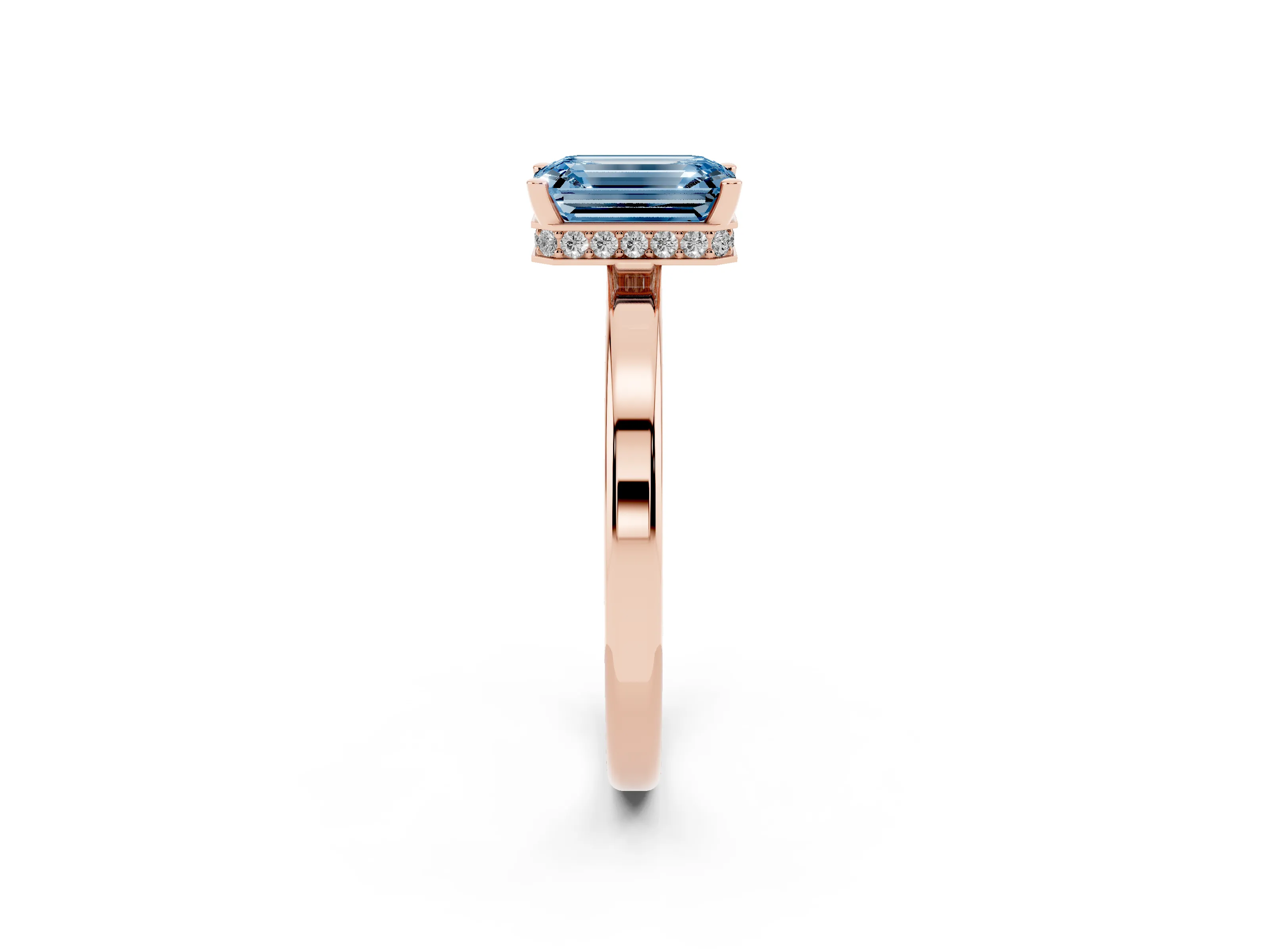 Fancy Blue Emerald Cut Diamond Solitaire Engagement Ring Set in Rose gold with Prong Setting on a Plain Band