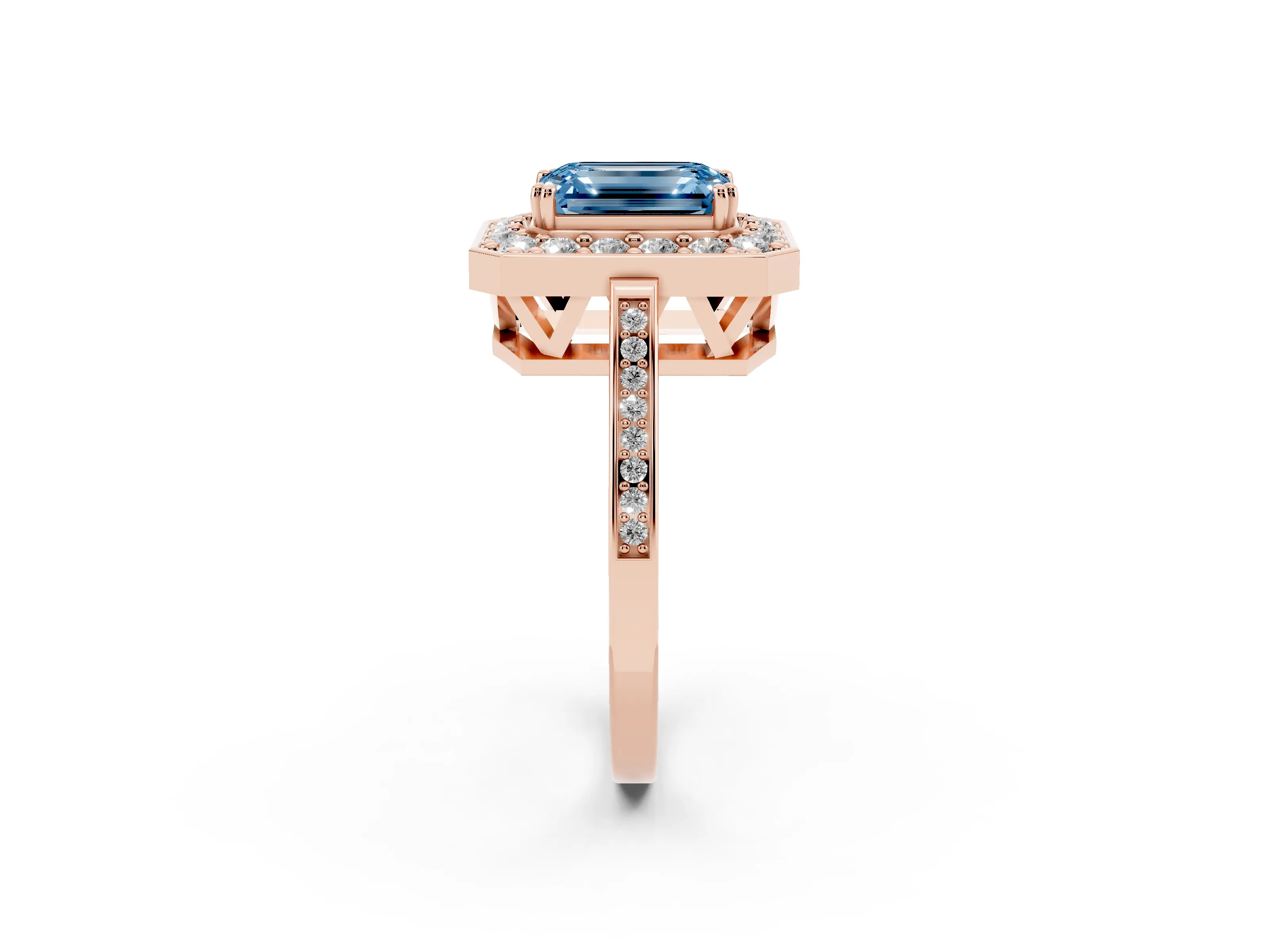 Fancy Blue Emerald Cut Diamond Halo Ring Set in Rose gold with Accent-Lined Split Shank and Prong Setting