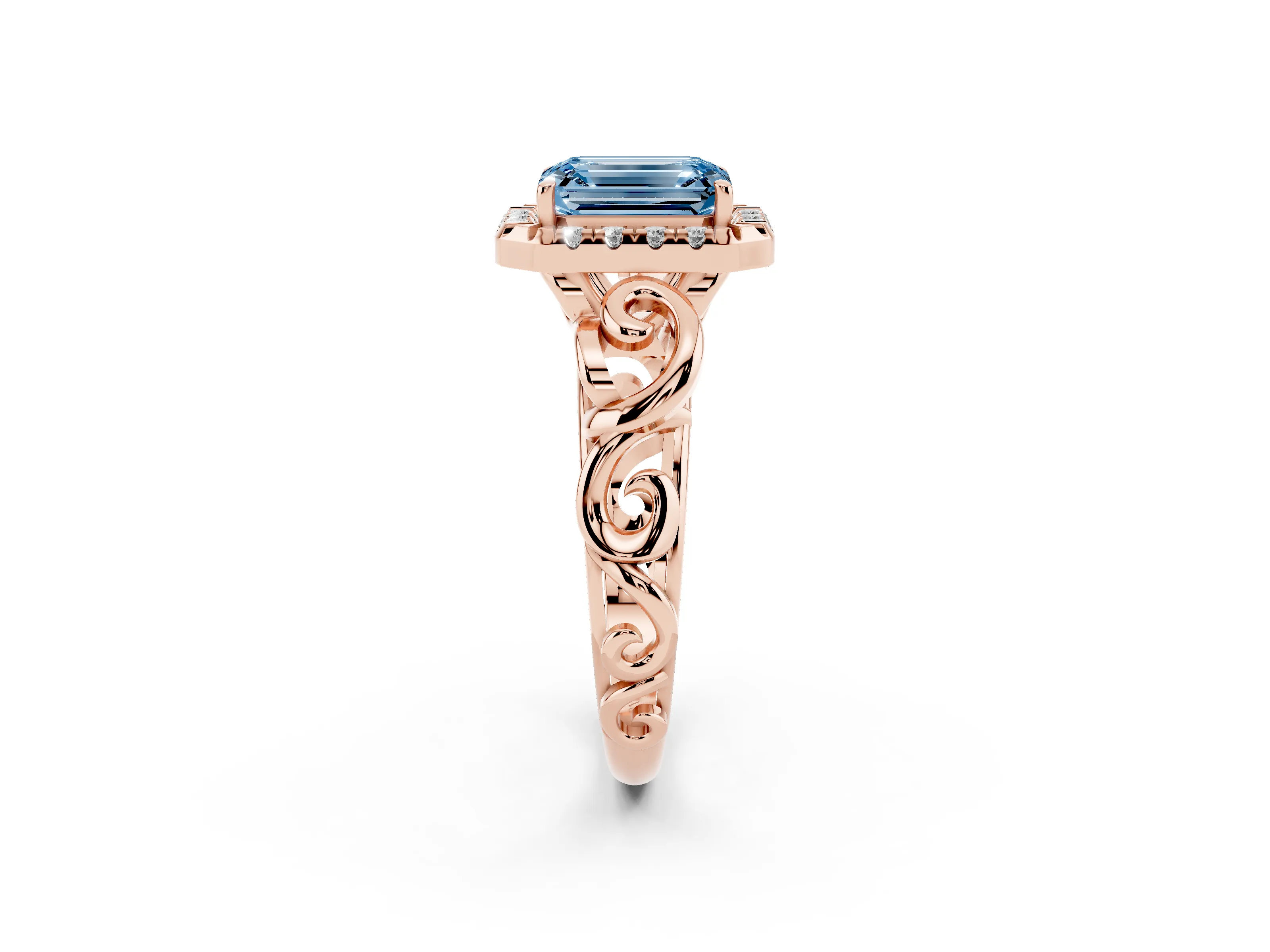Fancy Blue Emerald Cut Diamond Halo Ring Set in Rose gold with Scrollwork Band and Prong Setting