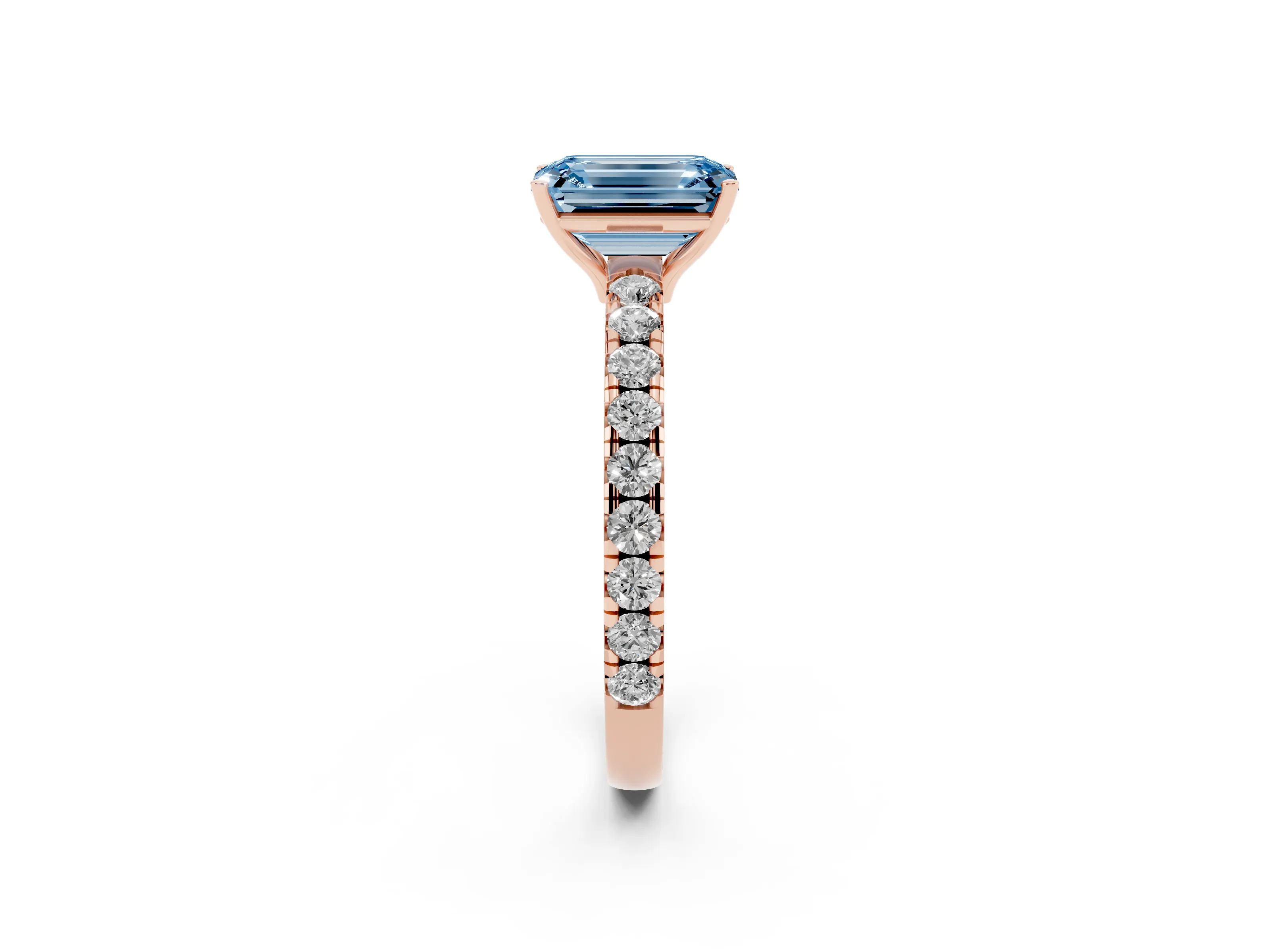 Fancy Blue Emerald Cut Diamond Pavé Solitaire Engagement Ring Set in Rose gold with Prong Setting