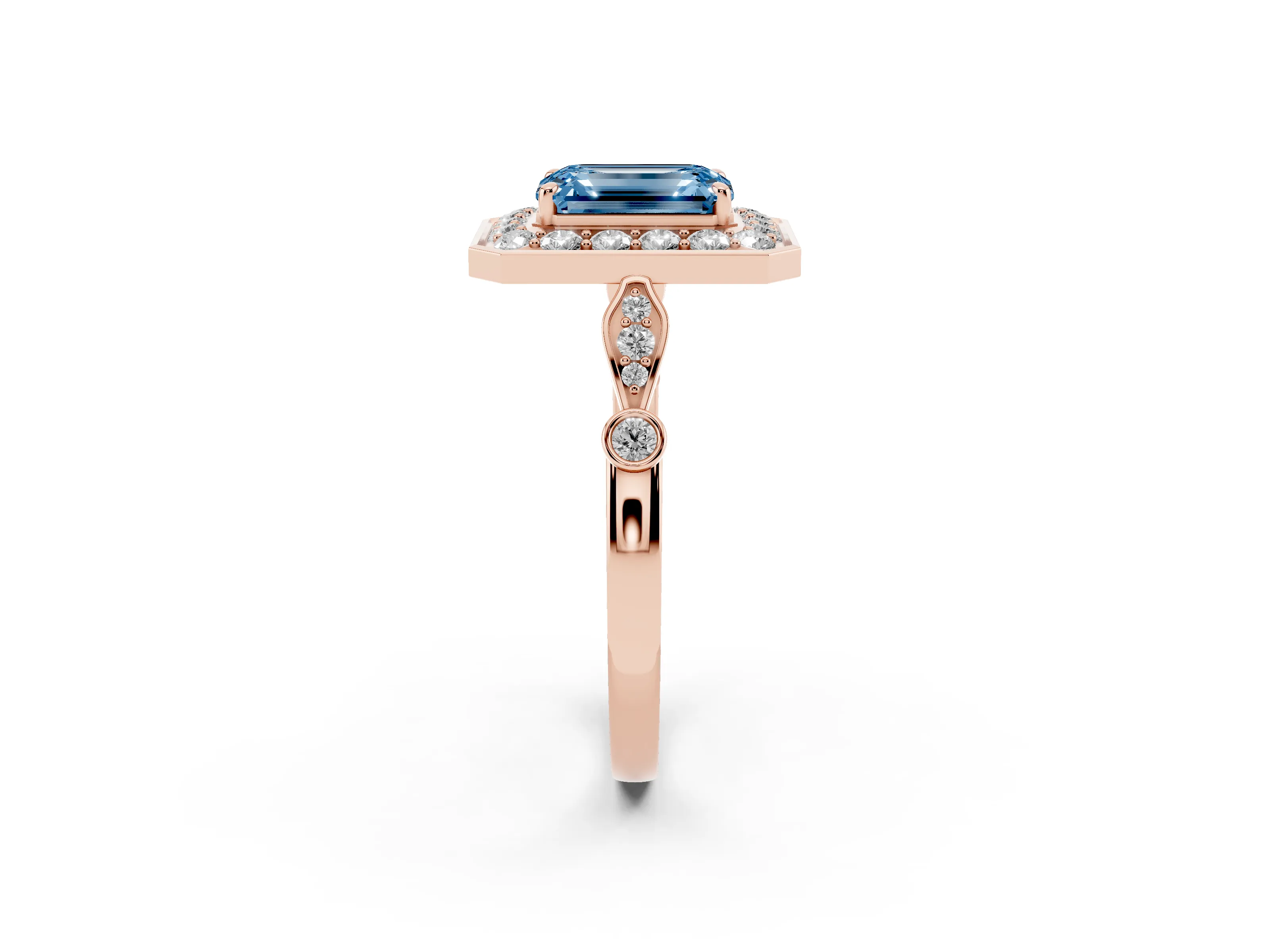 Fancy Blue Emerald Cut Diamond Halo Engagement Ring Set in Rose gold with Twisted Band and Prong Setting