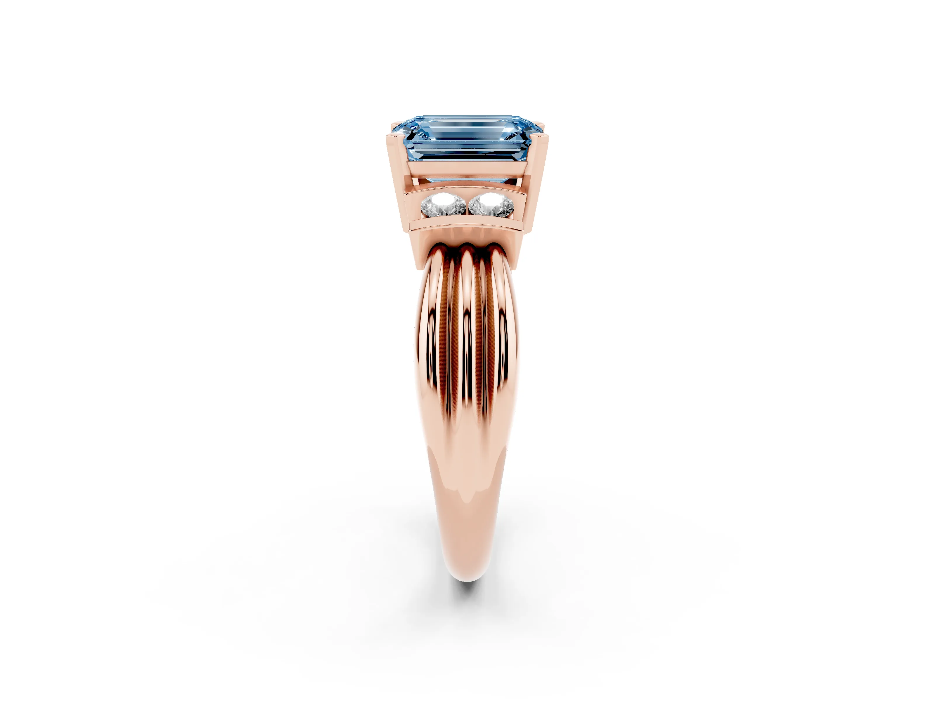 Fancy Blue Three-Stone Emerald Cut Diamond Channel Set Ring Set in Rose gold with Bar Prongs