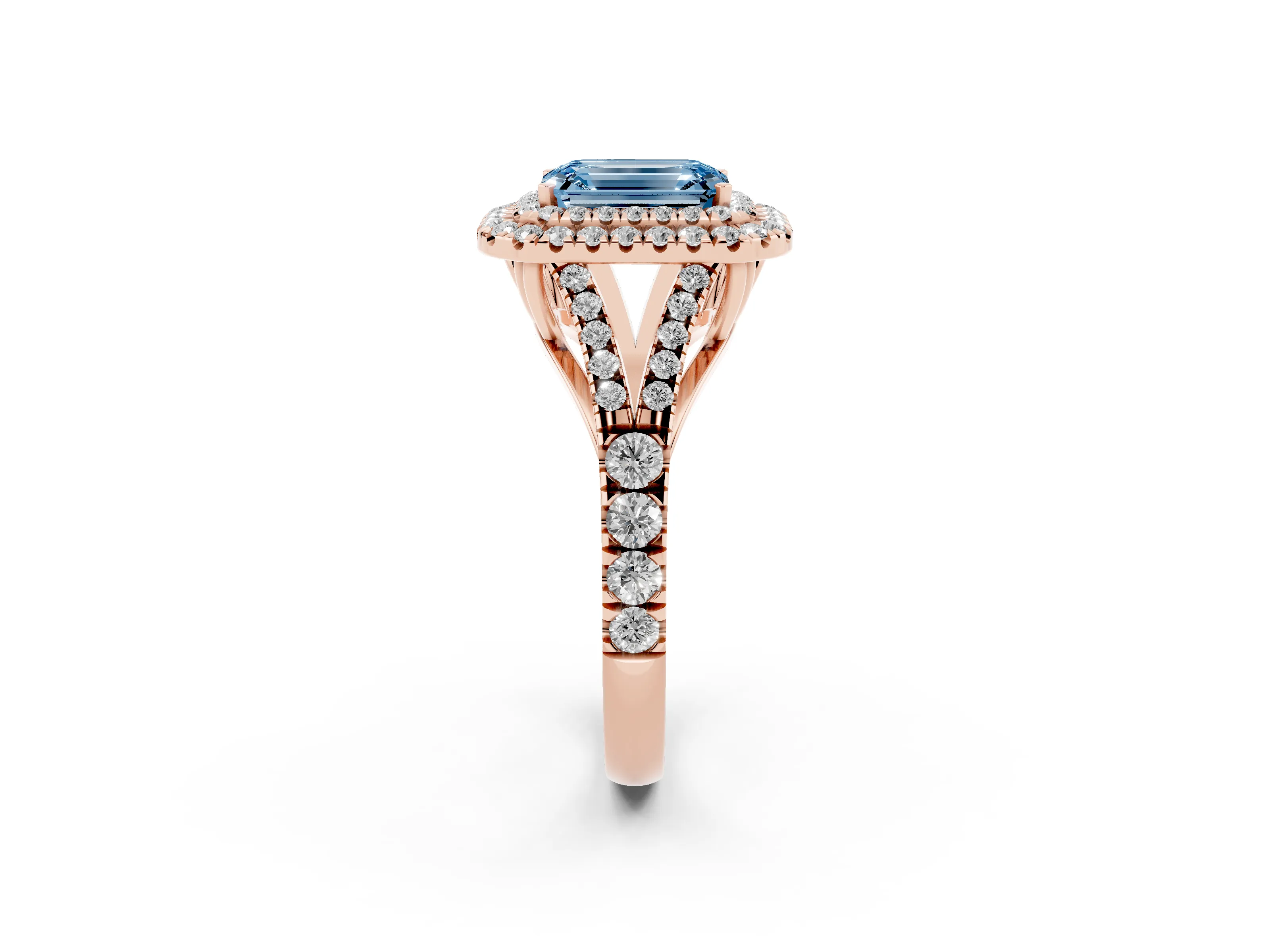 Fancy Blue Emerald Cut Diamond Pavé Split Shank Double Halo Engagement Ring Set in Rose gold
