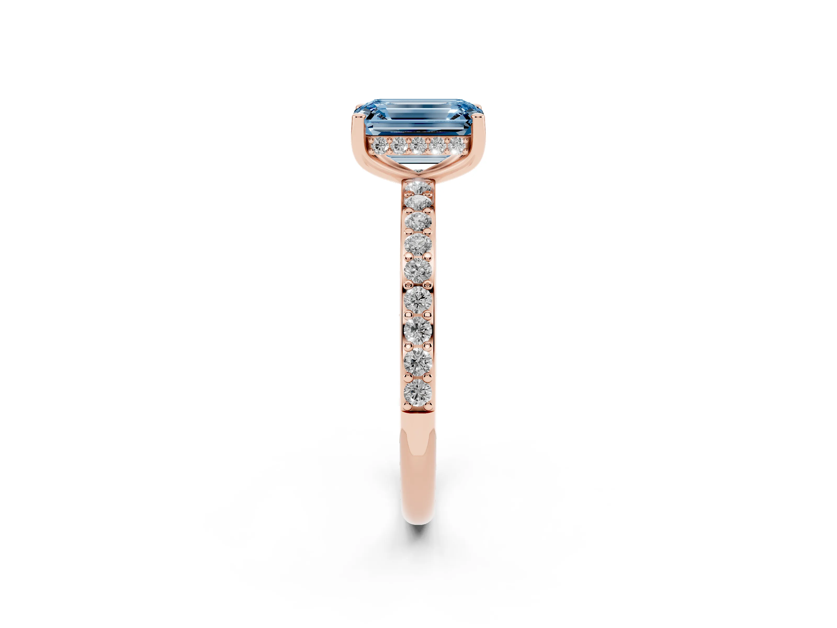 Fancy Blue Emerald Cut Diamond Pavé Band Ring Set in Rose gold with Prong-Set Center Stone