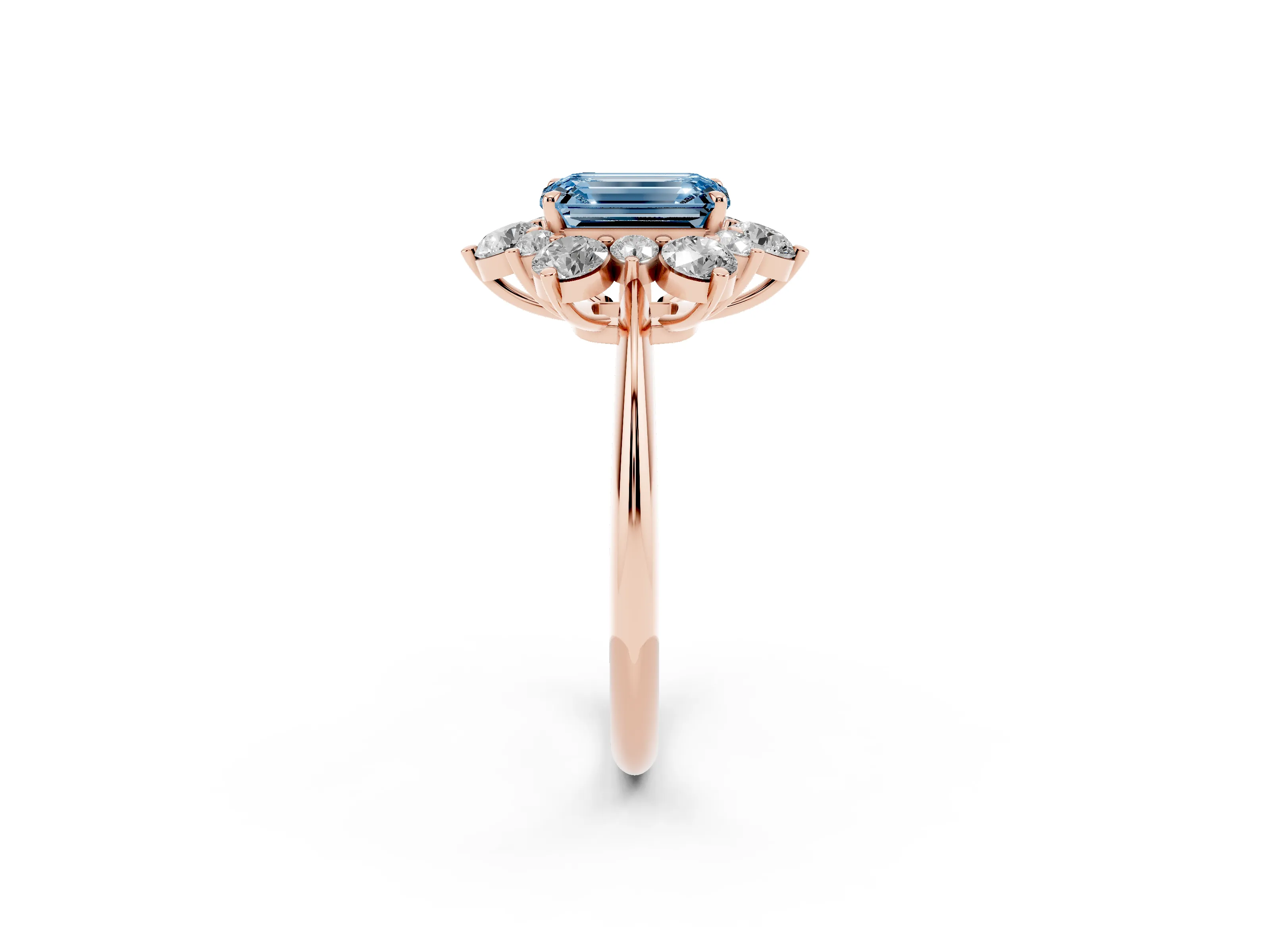 Fancy Blue Emerald Cut Diamond Cluster Halo Ring Set in Rose gold with Solitaire Band and Prong Setting