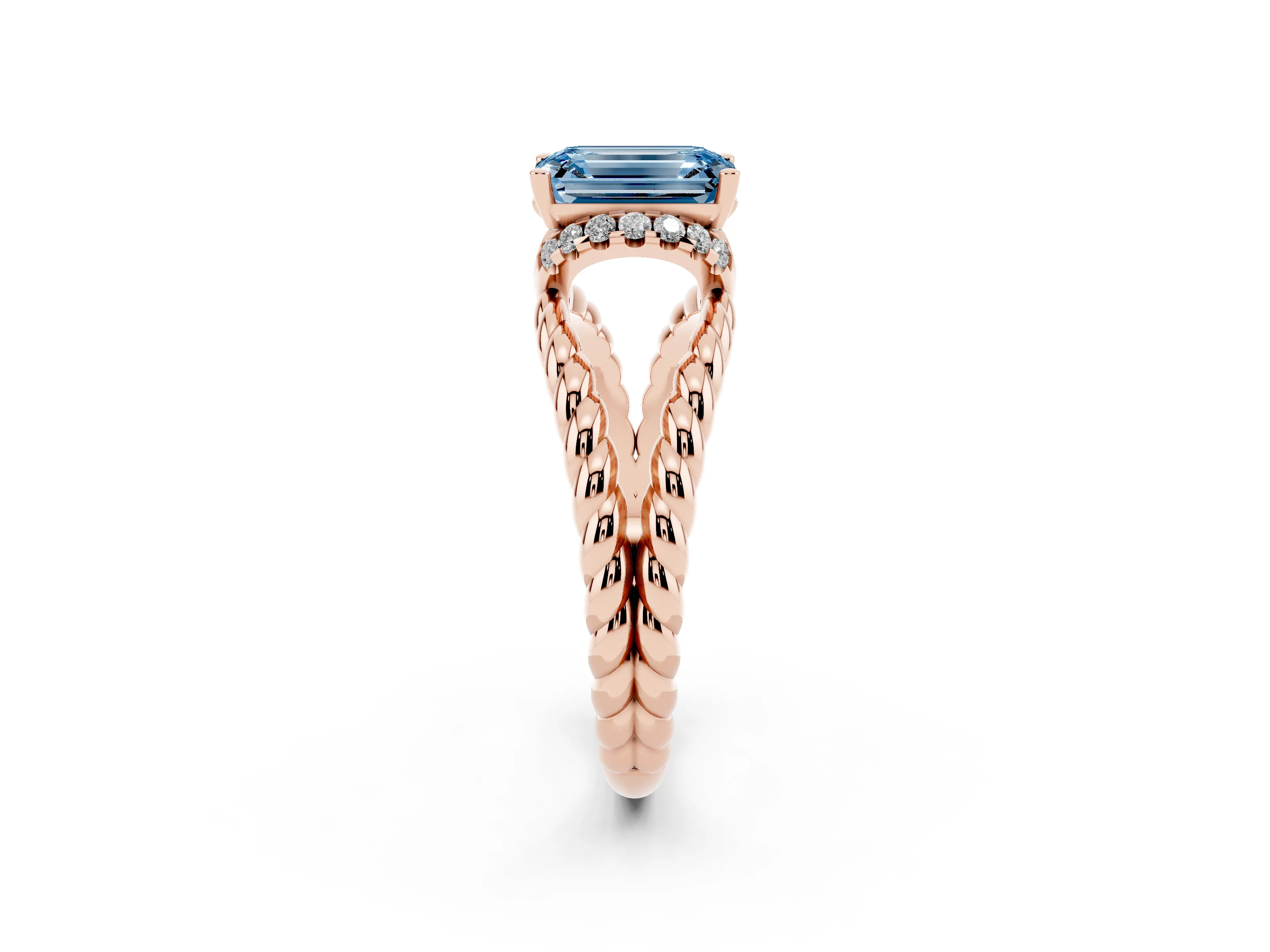 Fancy Blue Emerald Cut Diamond Halo Ring Set in Rose gold with Twisted Band and Prong Setting
