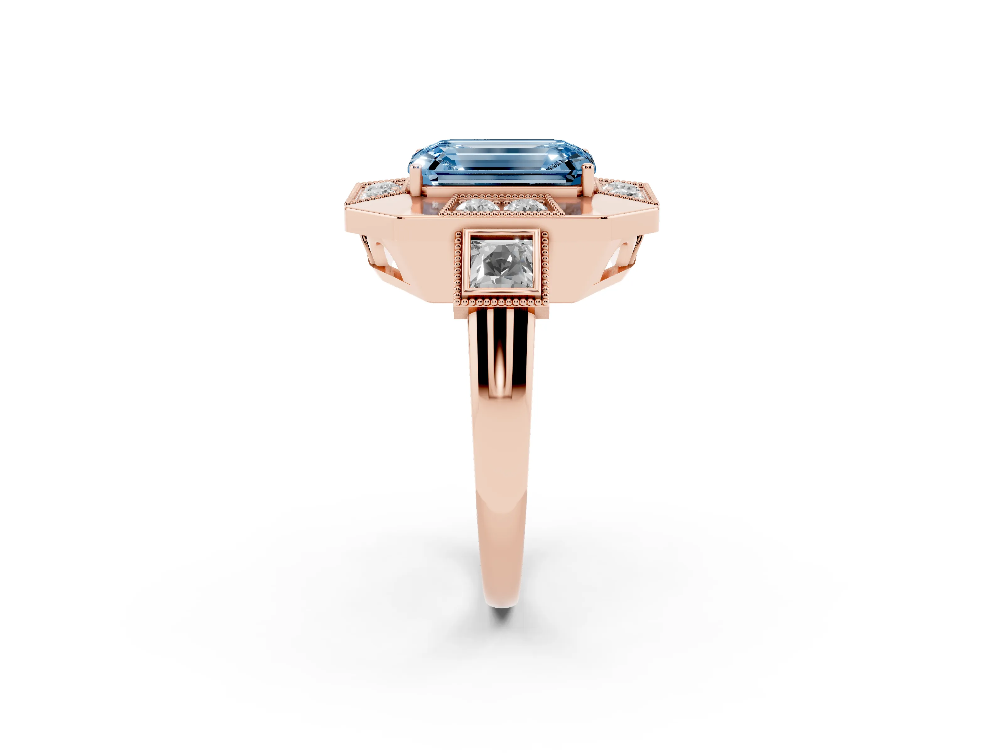 Fancy Blue Emerald Cut Diamond Milgrain Halo Ring Set in Rose gold with Split Shank