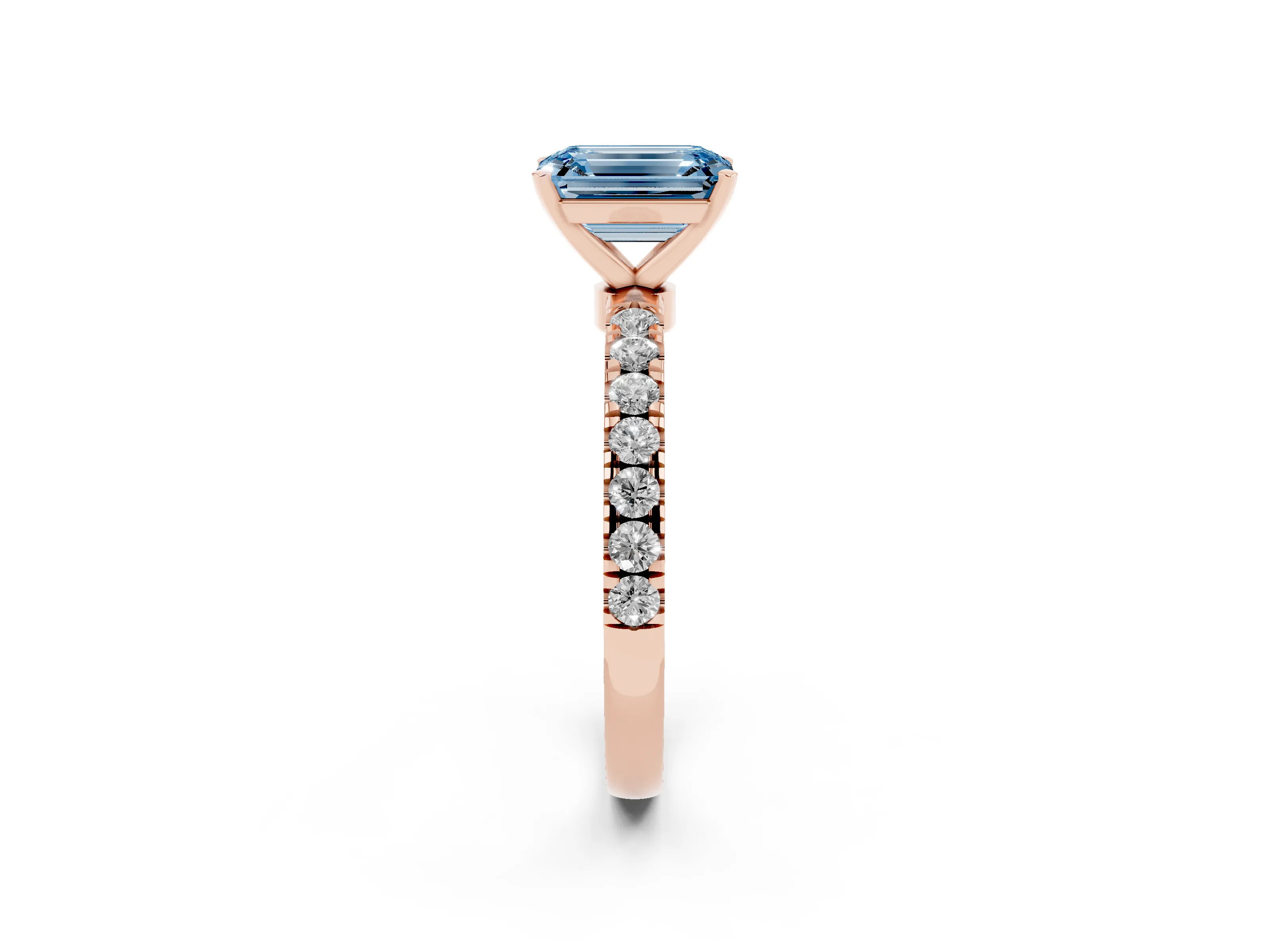 Fancy Blue Emerald Cut Diamond Solitaire Ring Set in Rose gold with Pavé Accents and Prong Setting