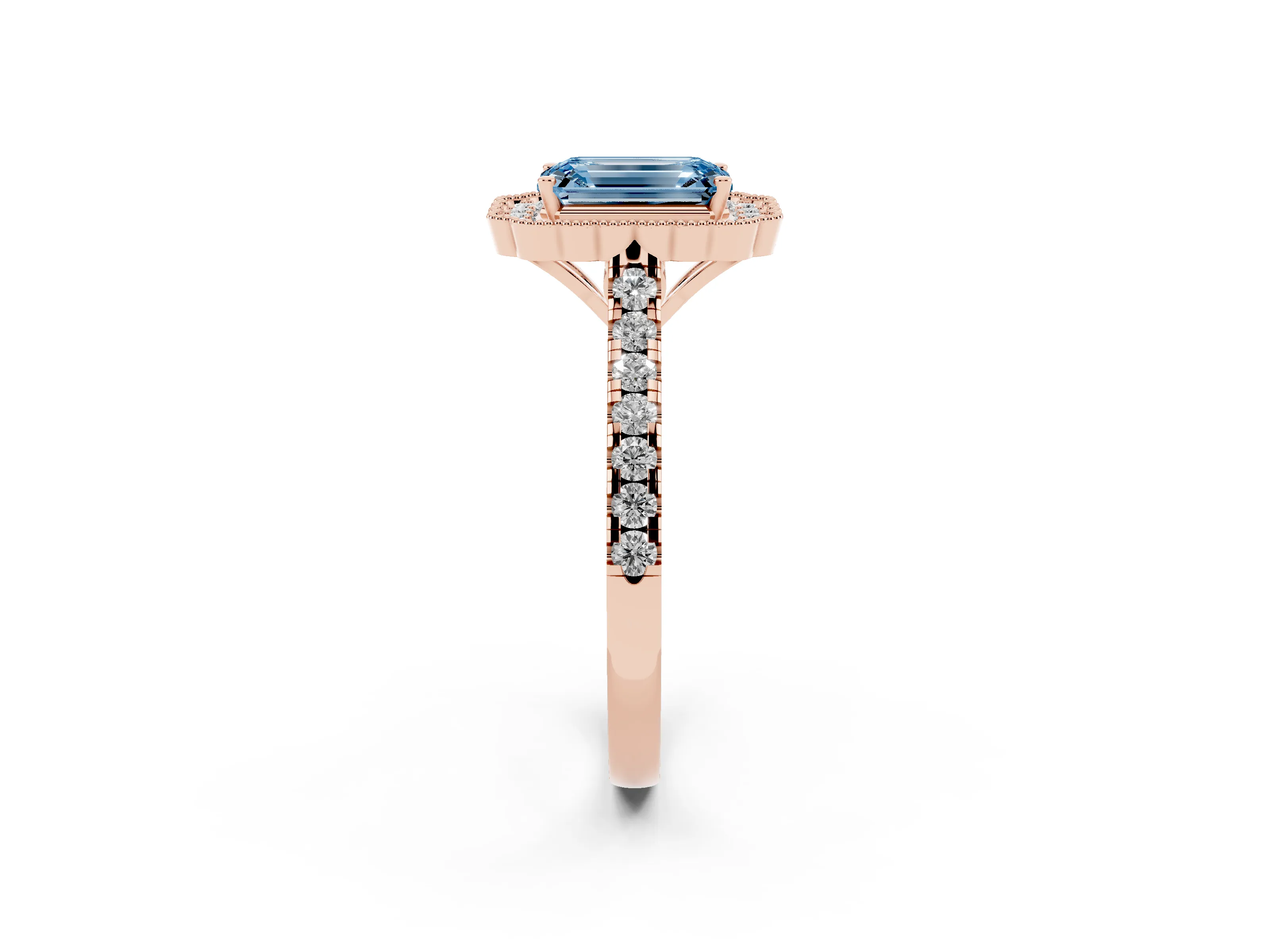 Fancy Blue Emerald Cut Diamond Milgrain Floral Halo Engagement Ring Set in Rose gold with Pavé Band