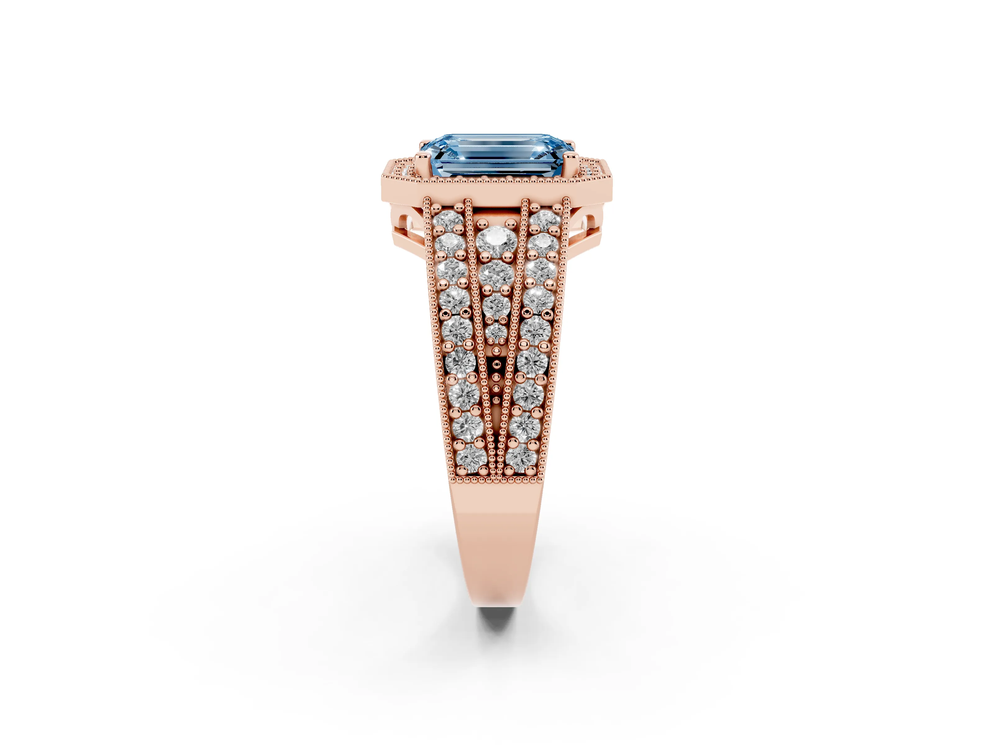Fancy Blue Emerald Cut Diamond Halo Ring Set in Rose gold with Accent Split Shank and Prong Setting