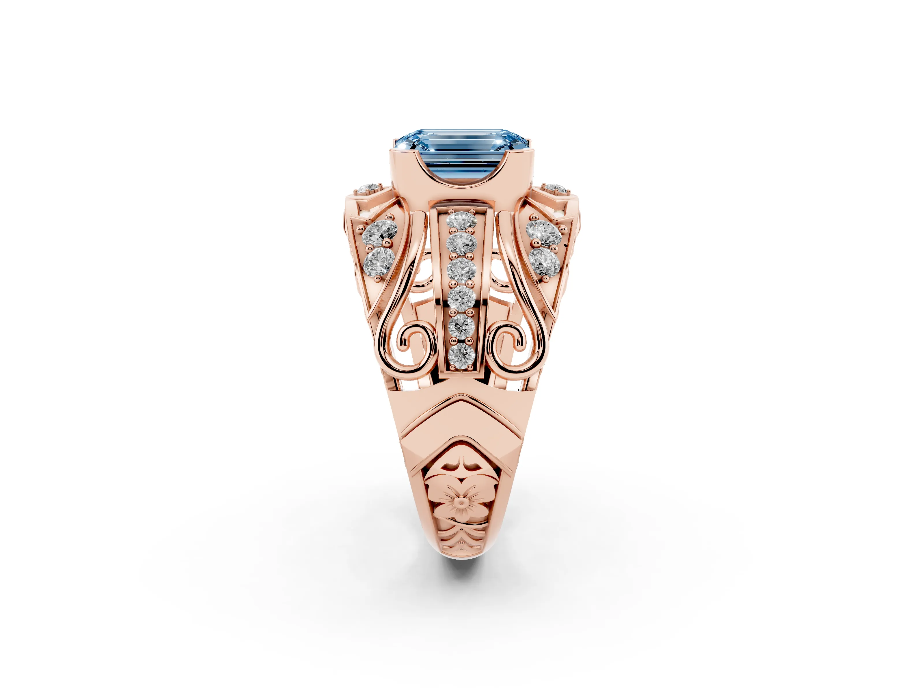 Fancy Blue Emerald Cut Diamond Art Deco Ring Set in Rose gold with Pavé Split Shank